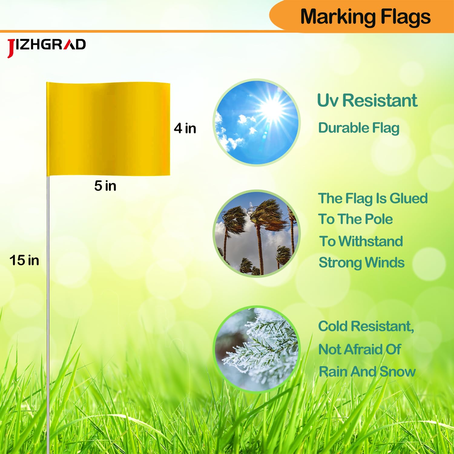 Close-up of JIZHGRAD marking flag showing bright yellow colour and sturdy pole