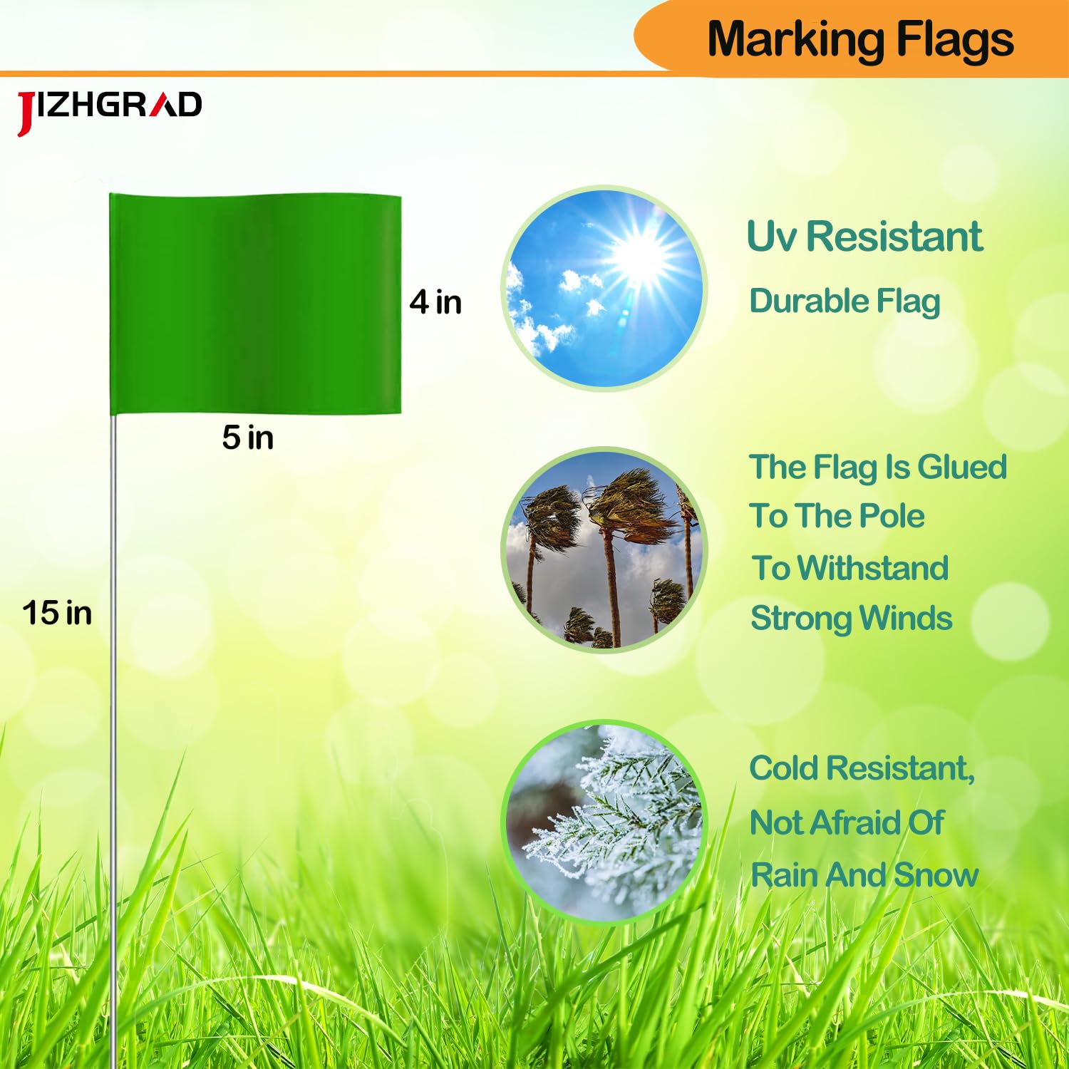 Close-up of JIZHGRAD marking flags showing bright green colour