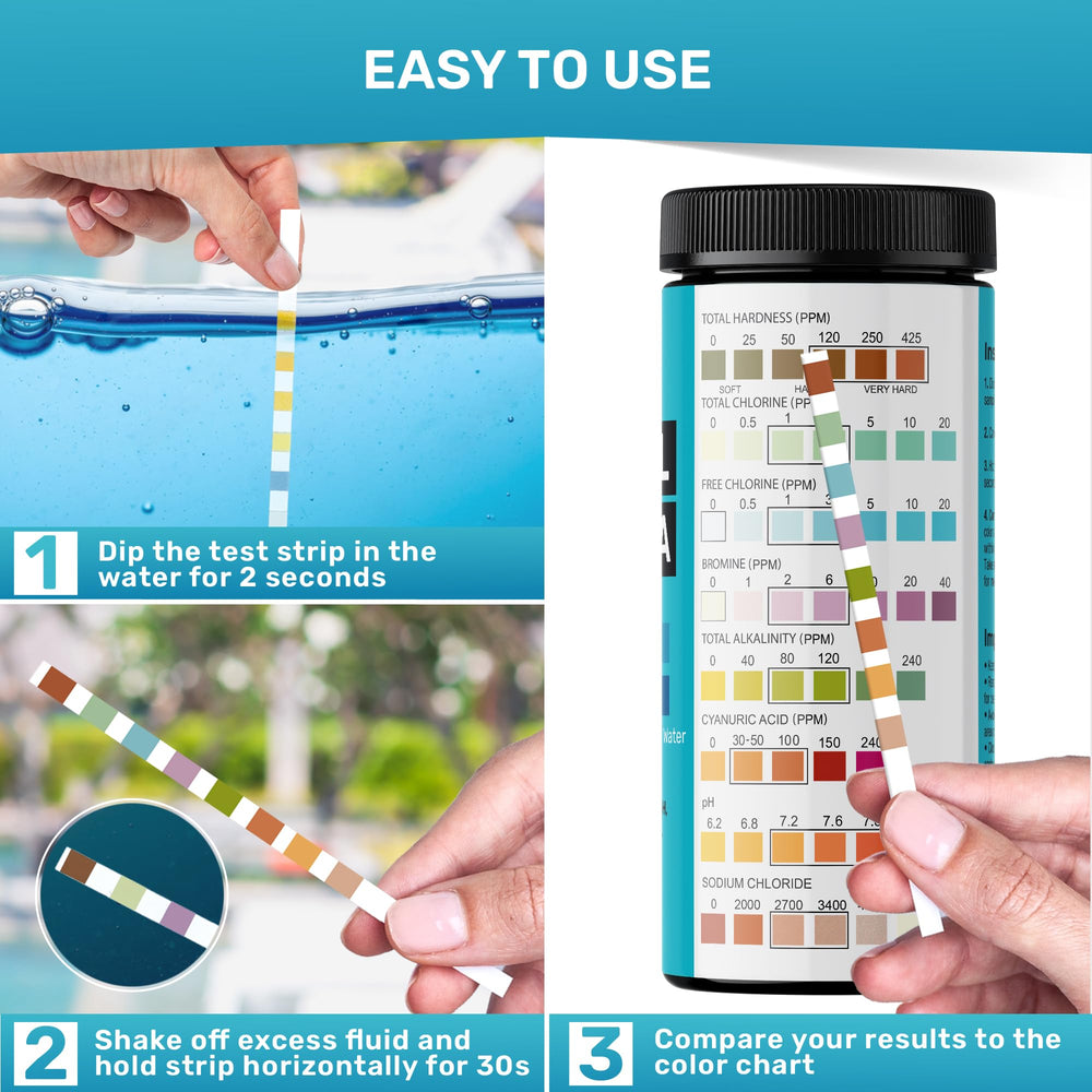 Close-up of JNW Direct Pool Test Strips used in water