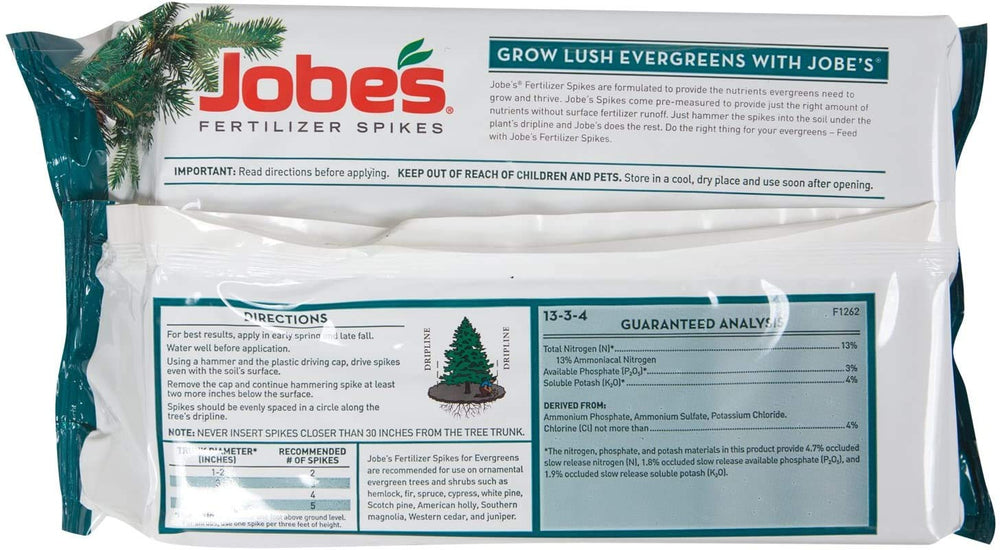 Close-up of Jobe's Evergreen Fertilizer Spikes showing formulation details