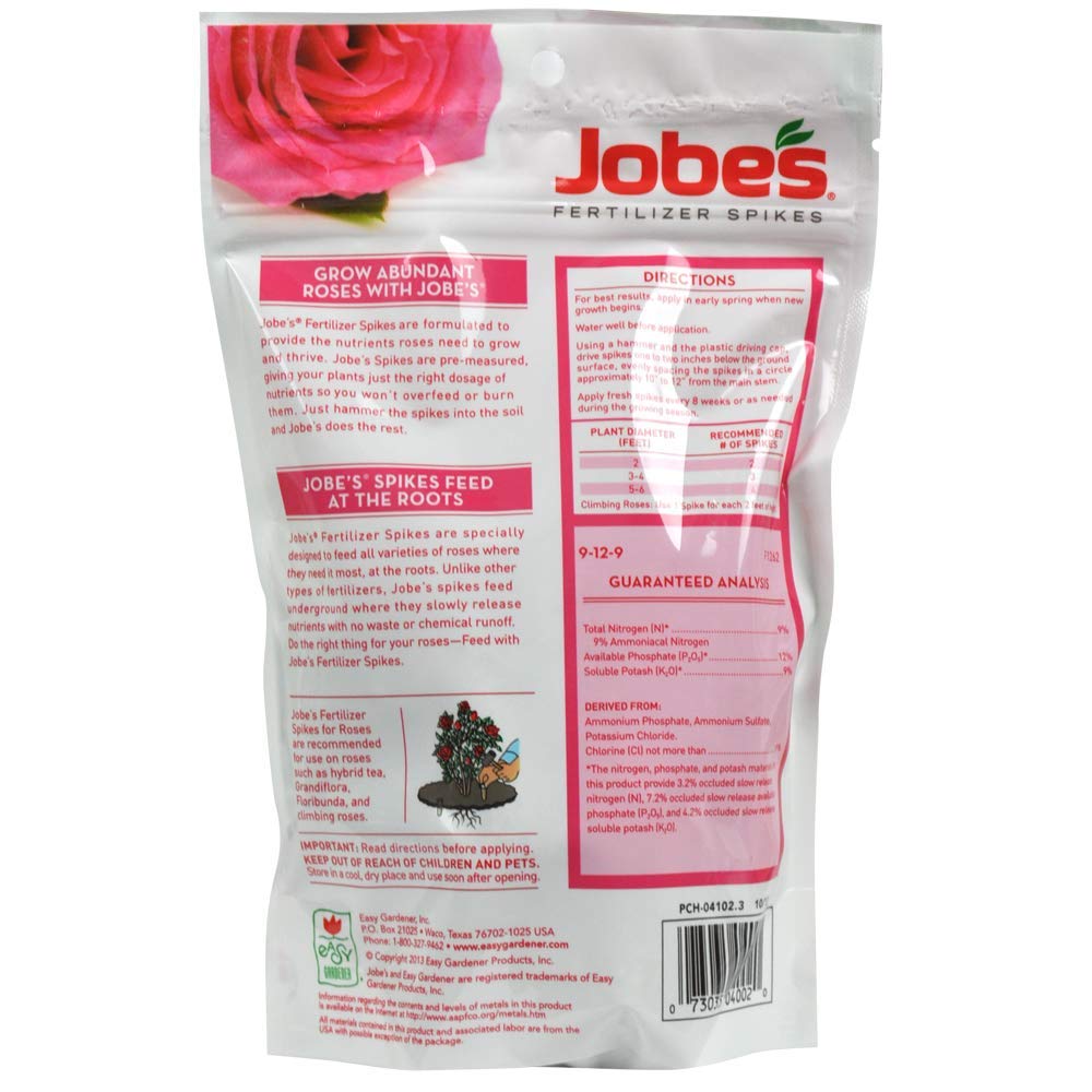 Close-up of Jobe's Organics Rose Fertilizer Food Spikes with sticks displayed