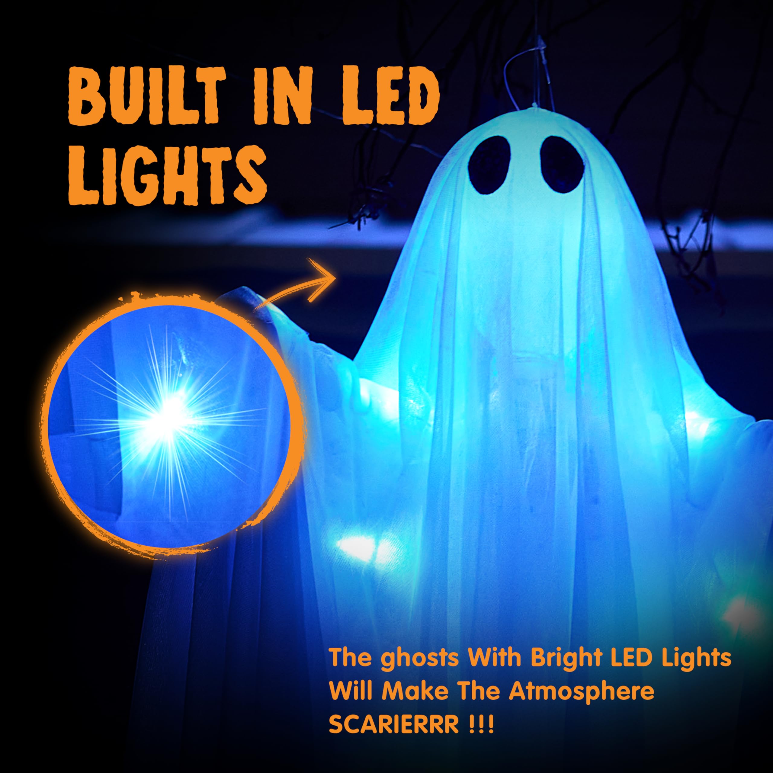 Close-up of JOYIN ghost decoration featuring blue LED lights