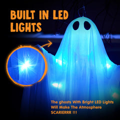 Close-up of JOYIN ghost decoration featuring blue LED lights