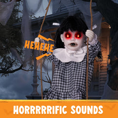 Close-up of JOYIN Halloween Decoration showing glowing red LED eyes