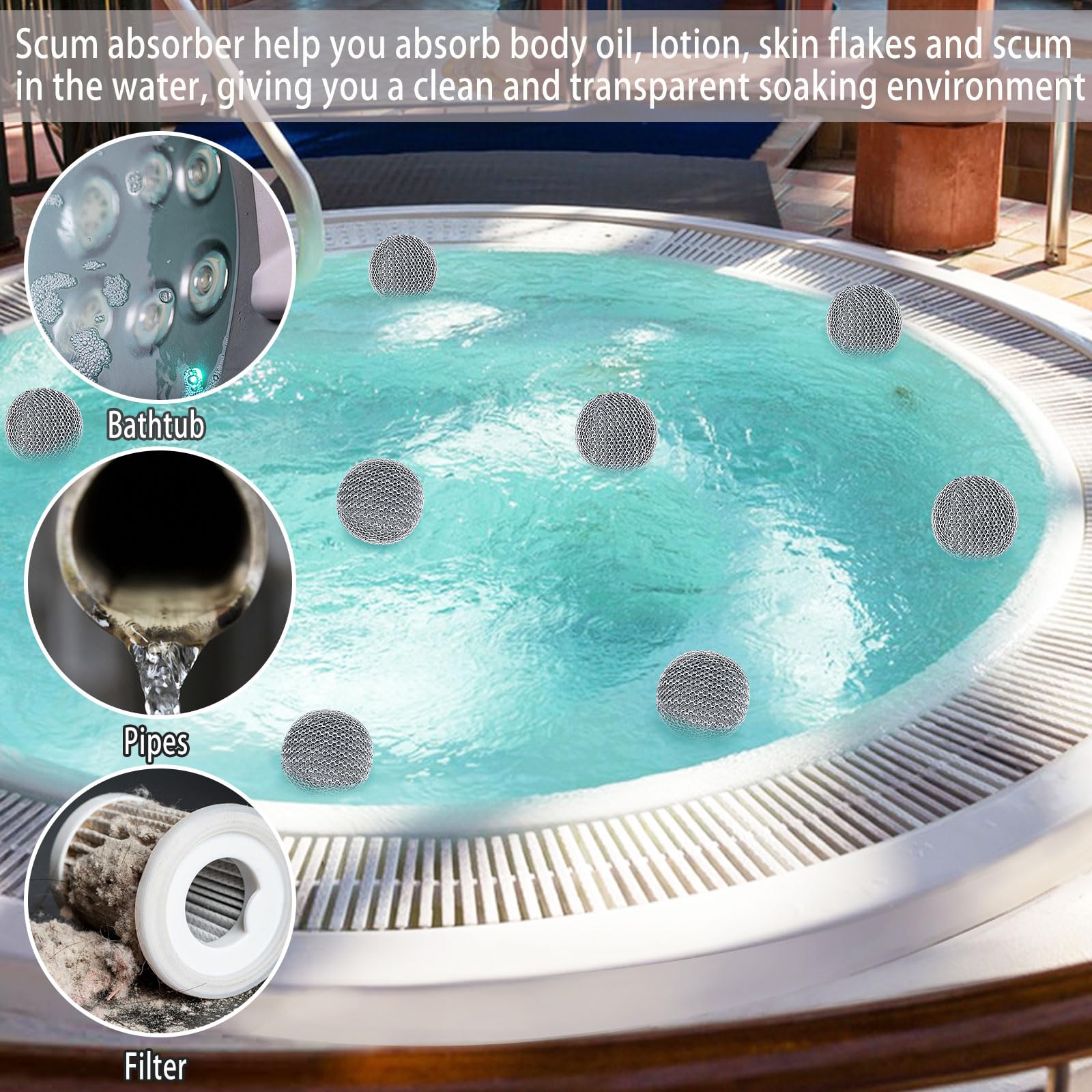 Close-up of JULMELON hot tub scum absorber balls in water