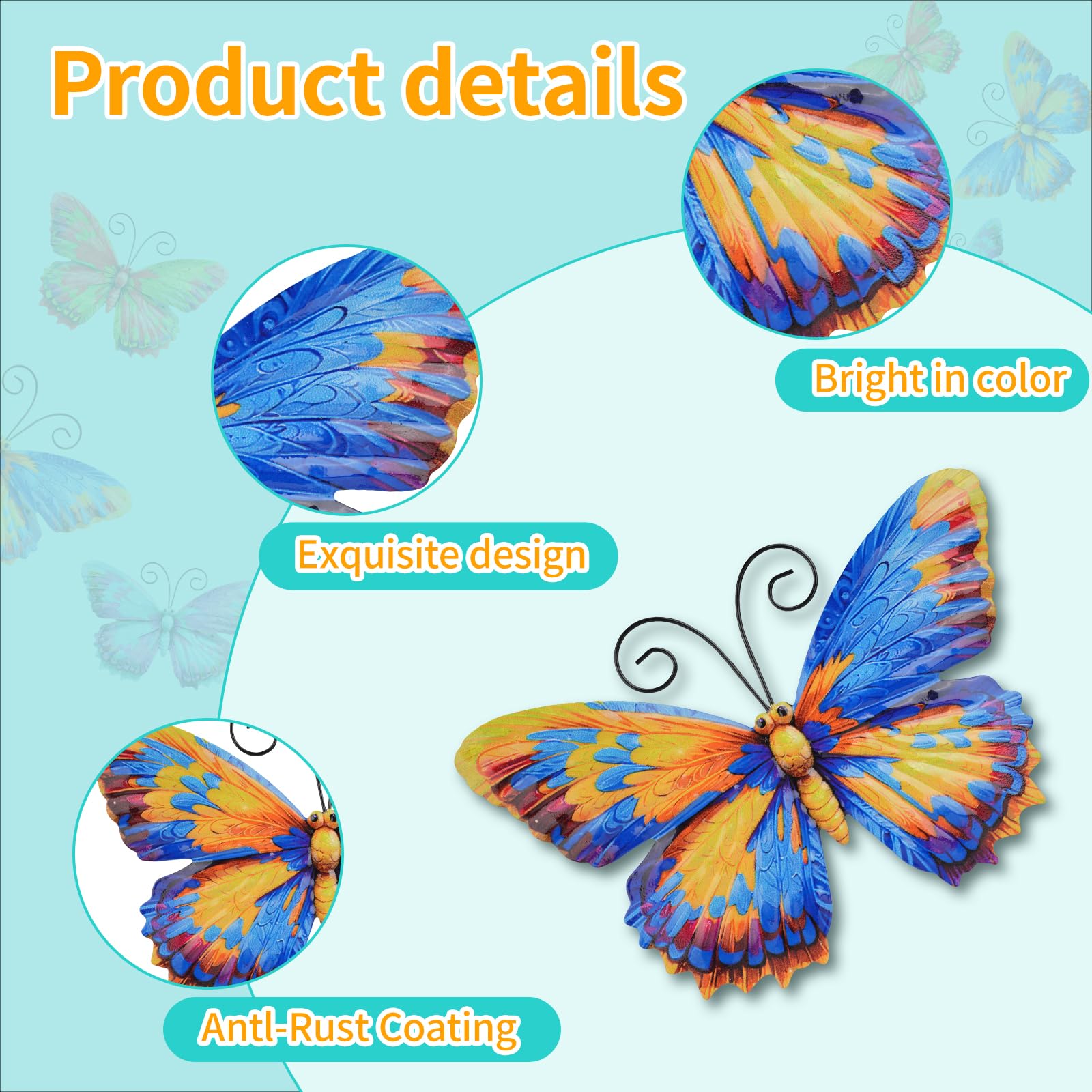 Close-up of Junware butterfly wall art, blue and green details