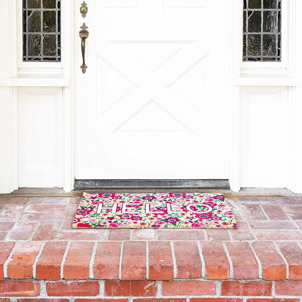 Close-up of Juvale welcome mat with Hello greeting