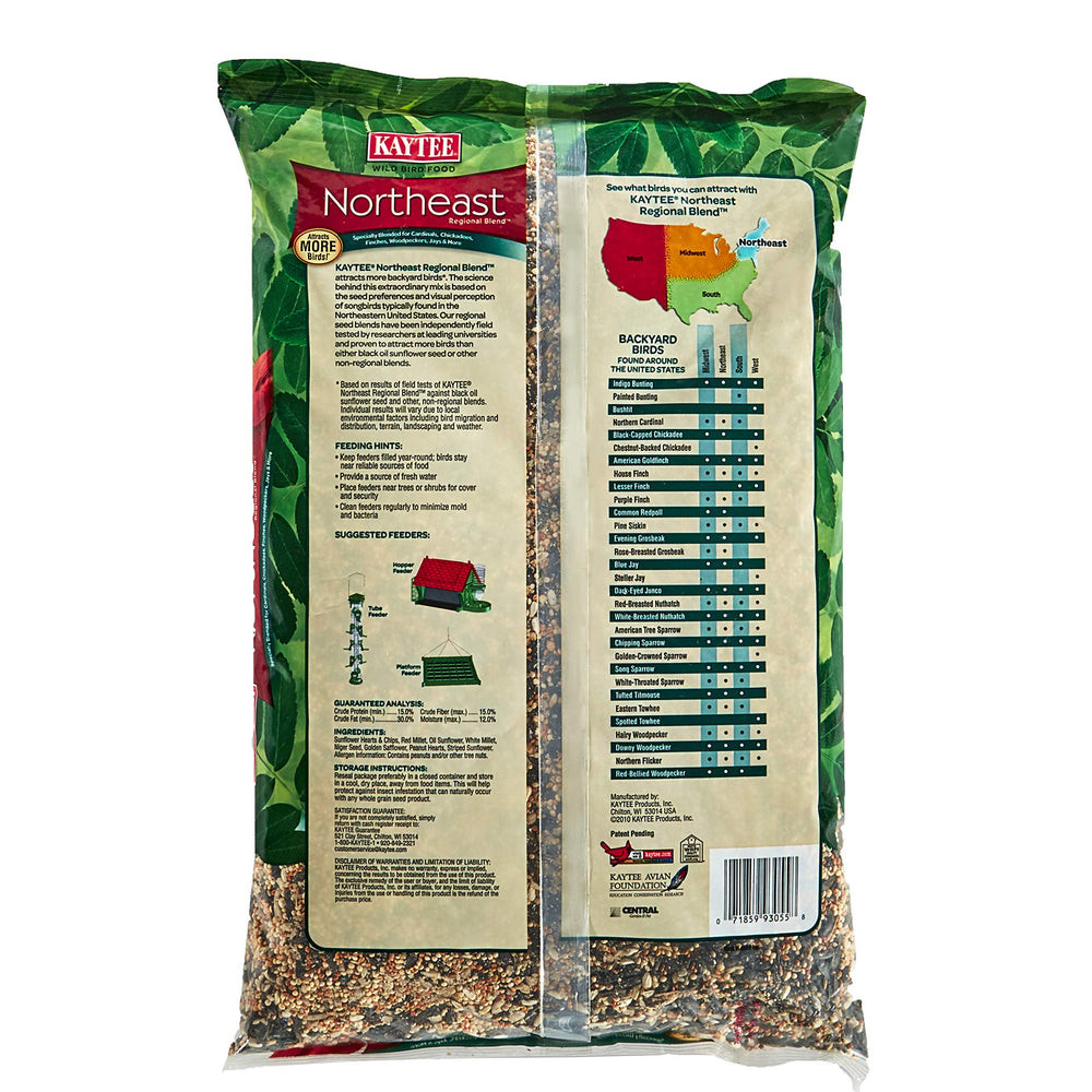 Close-up of Kaytee bird seed ingredients including sunflower hearts and millet