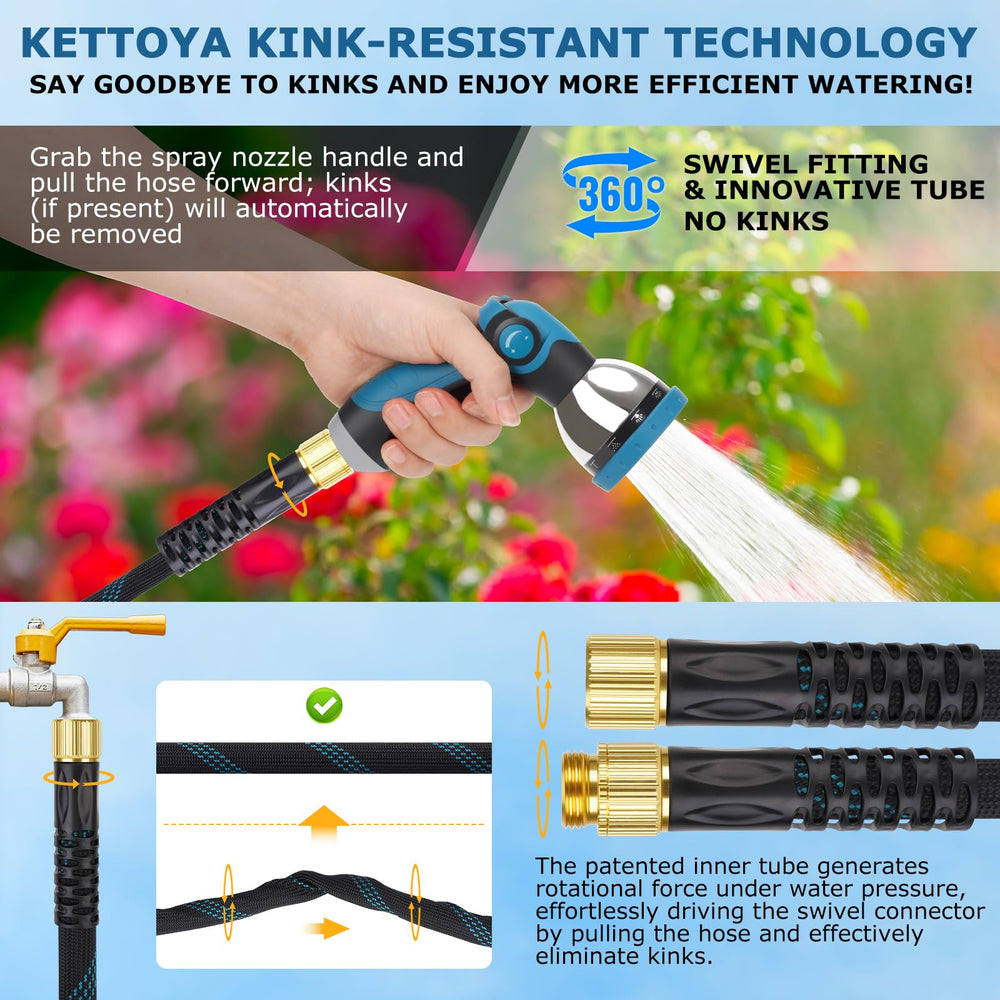 Close-up of KETTOYA hose connectors showing anti-kink design