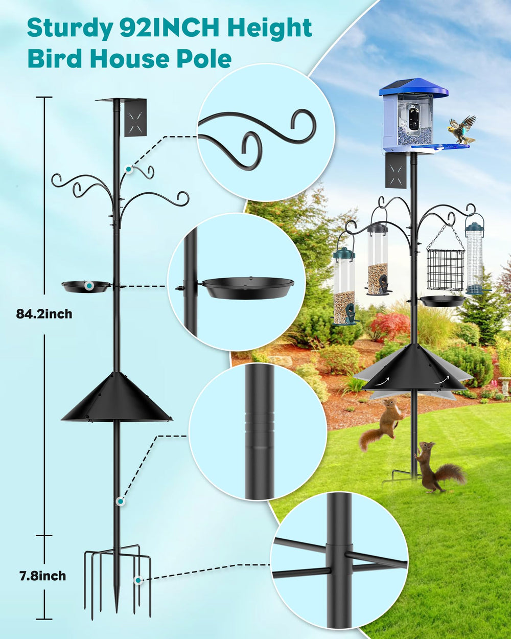 Close-up of KFM Bird Feeder Pole 92 Inch base and hooks