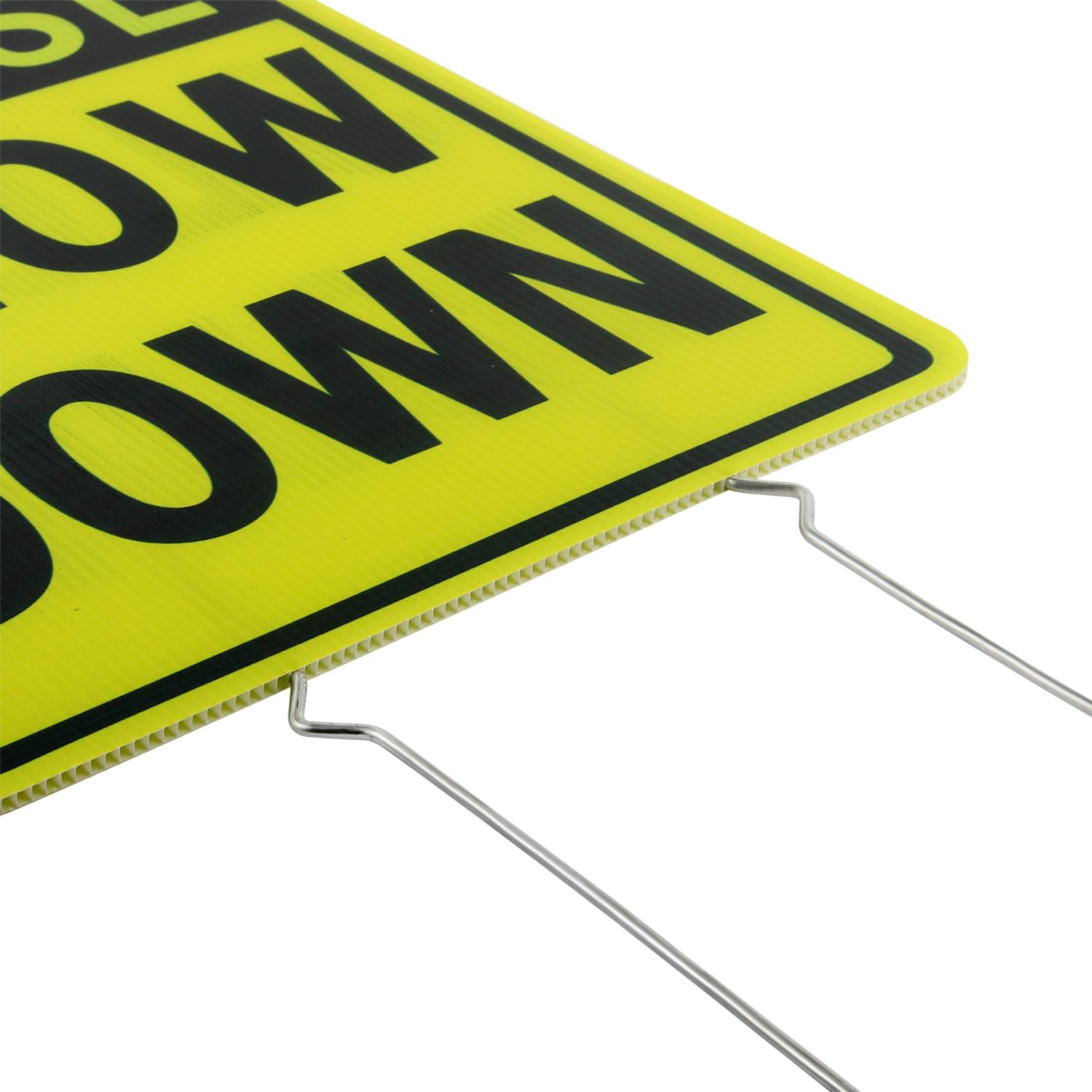 Close-up of Kichwit Slow Down Yard Sign showing waterproof material