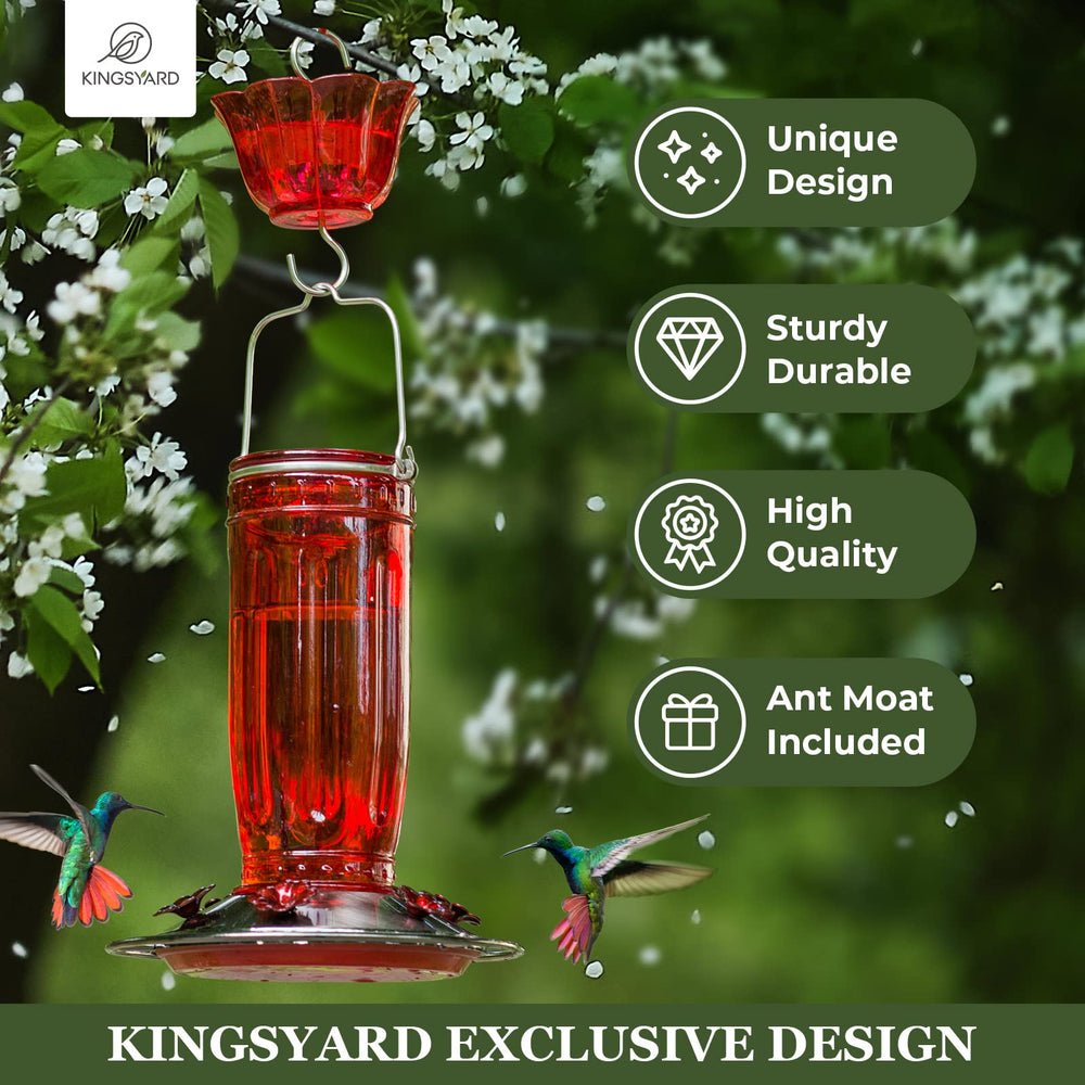 Close-up of Kingsyard hummingbird feeder showing the ant moat and hook