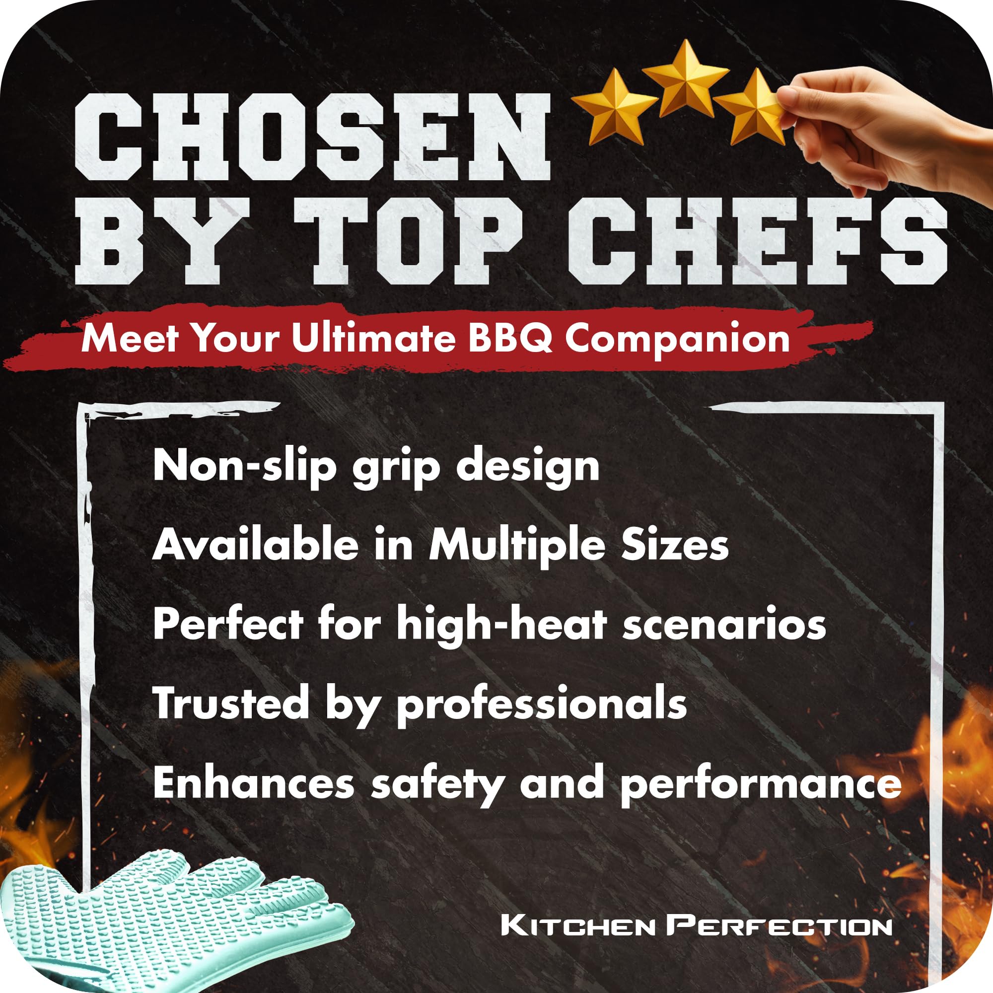 Close-up of Kitchen Perfection BBQ gloves gripping a hot grill