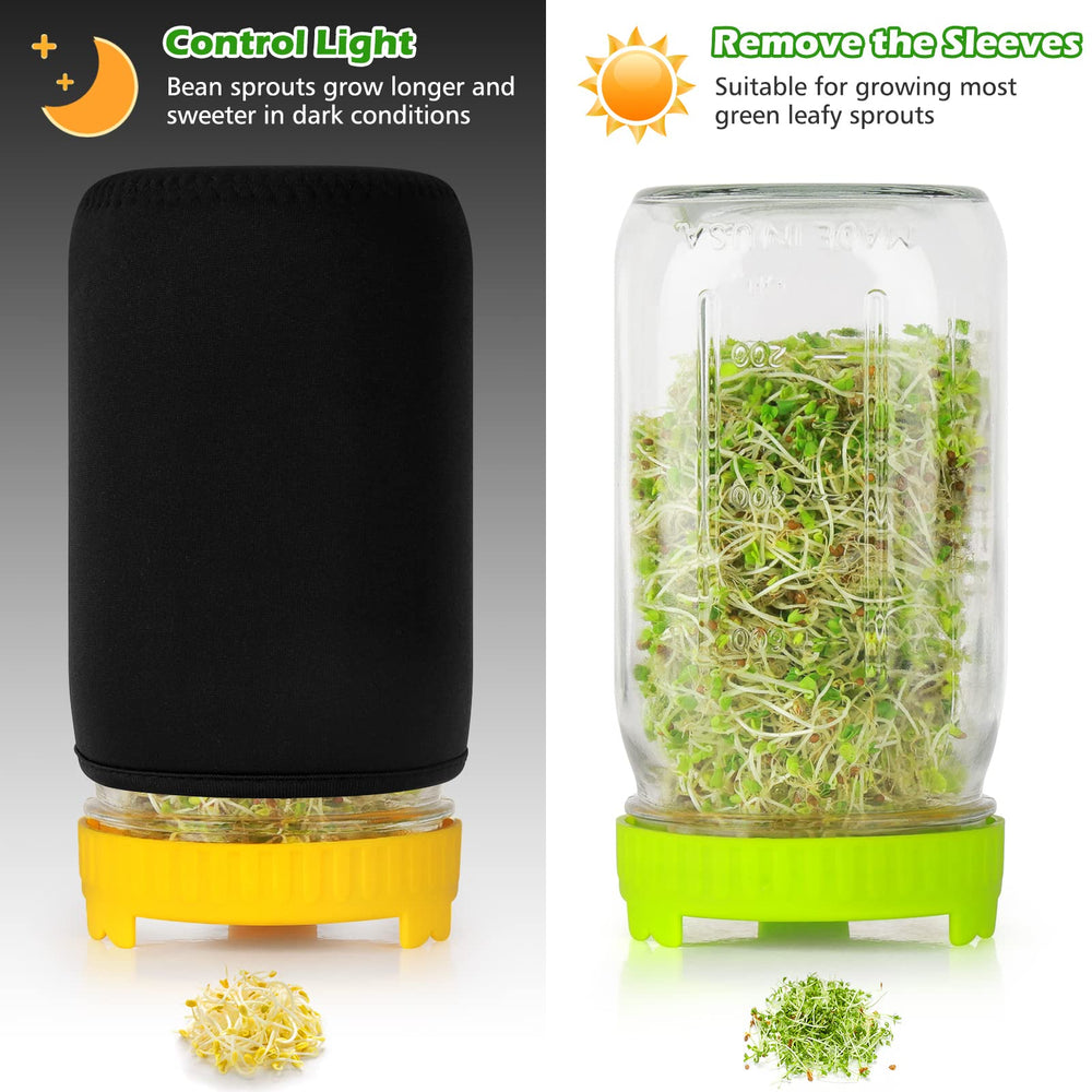 Close-up of Kitmiido screen sprout lids on mason jars