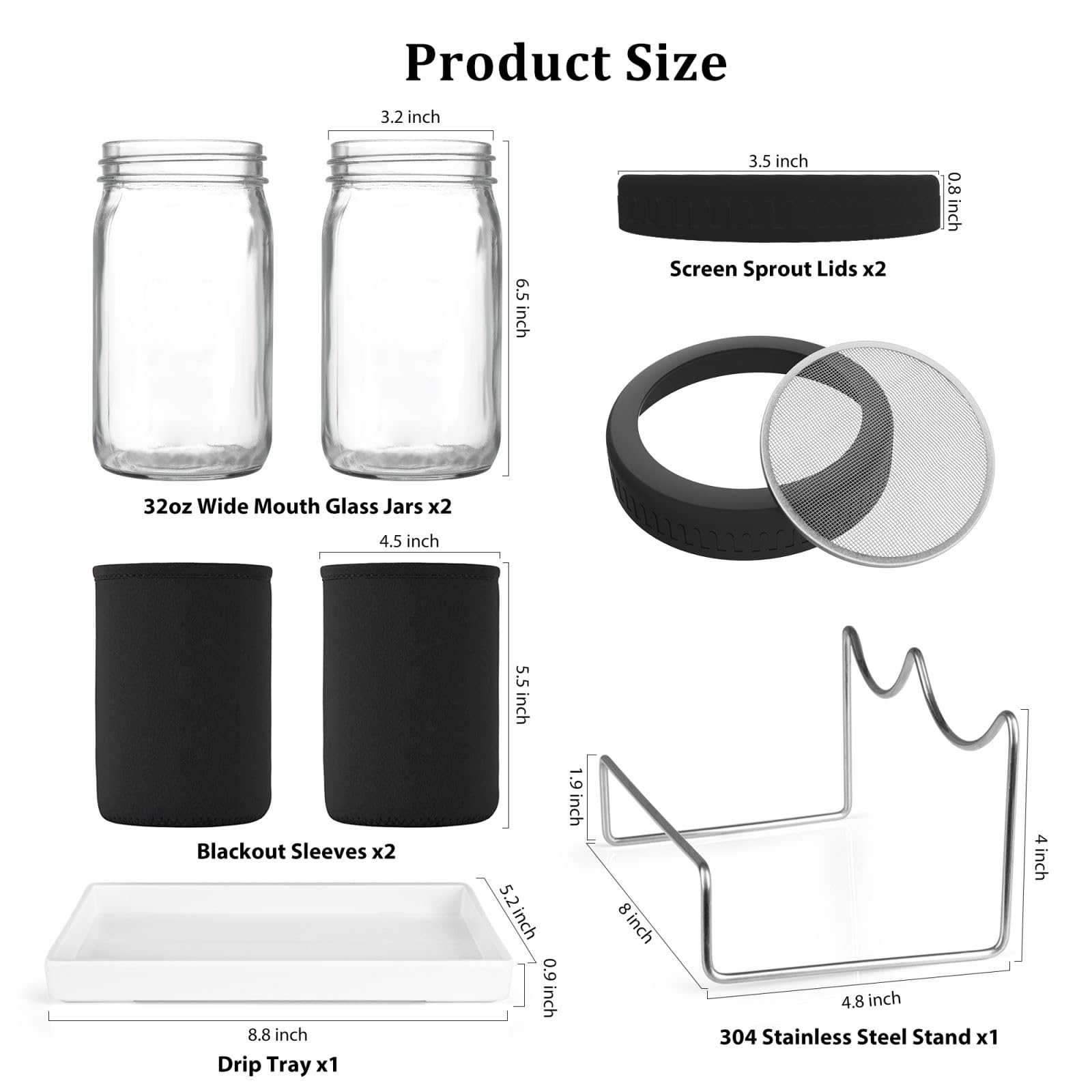 Close-up of Kitmiido sprouting jar with stainless steel stand and drip tray