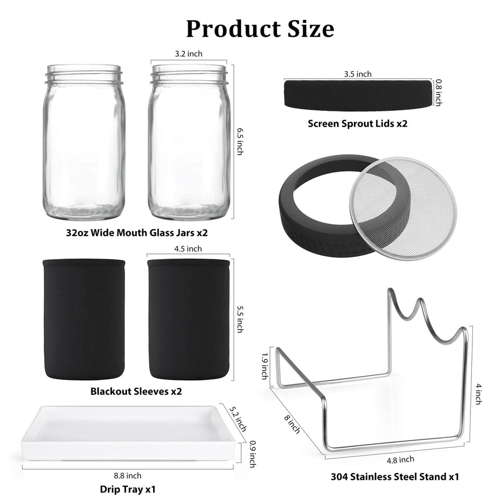Close-up of Kitmiido sprouting jar with stainless steel stand and drip tray