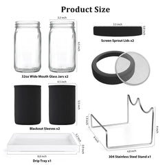Close-up of Kitmiido sprouting jar with stainless steel stand and drip tray