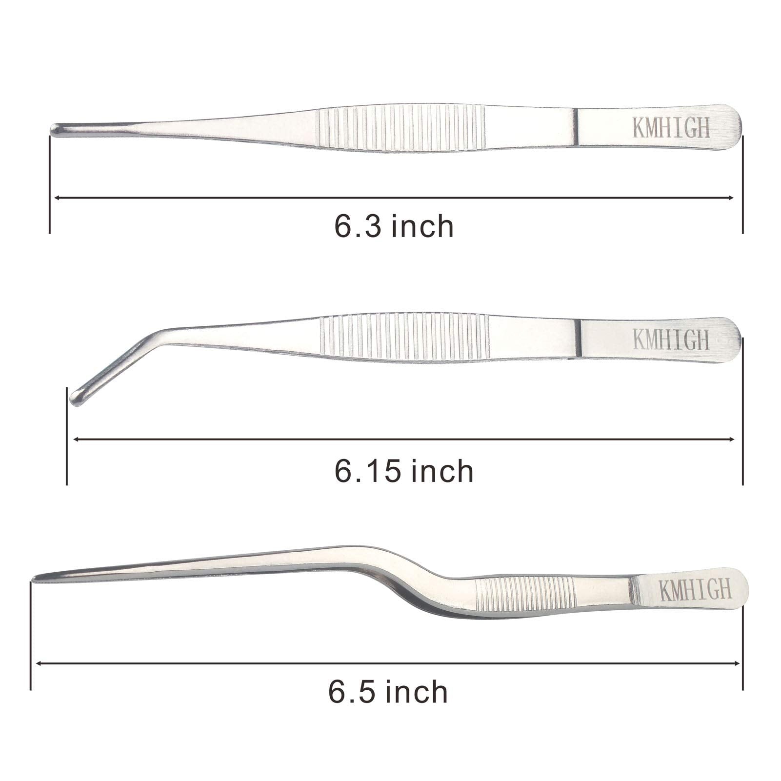 Close-up of KMHIGH 6.15-inch stainless steel tweezers with toothed grip