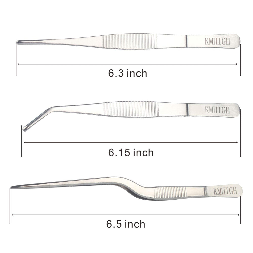 Close-up of KMHIGH 6.15-inch stainless steel tweezers with toothed grip