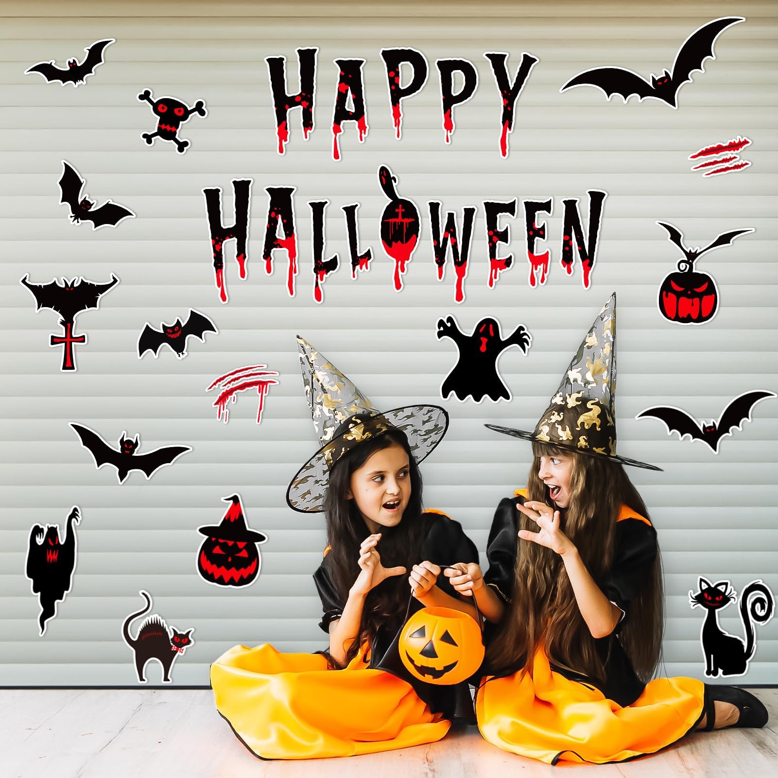 Close-up of kockuu Halloween magnets with pumpkin and cat designs