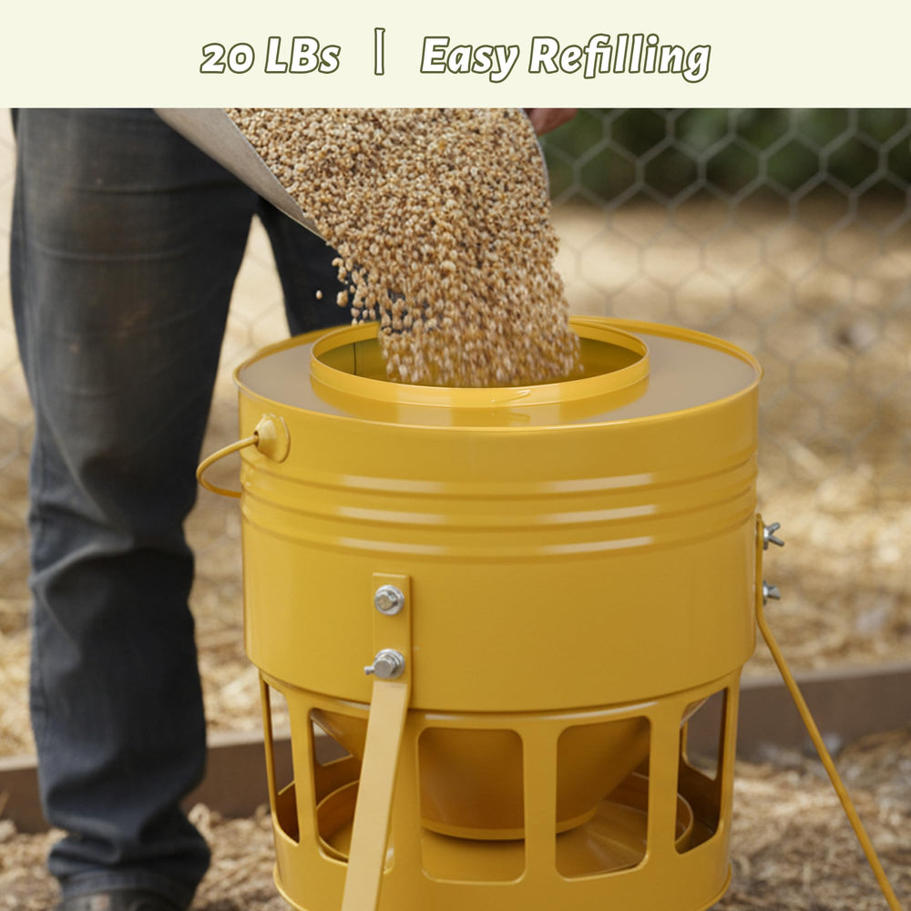 Close-up of KOL Metal Chicken Feeder showing powder-coated finish