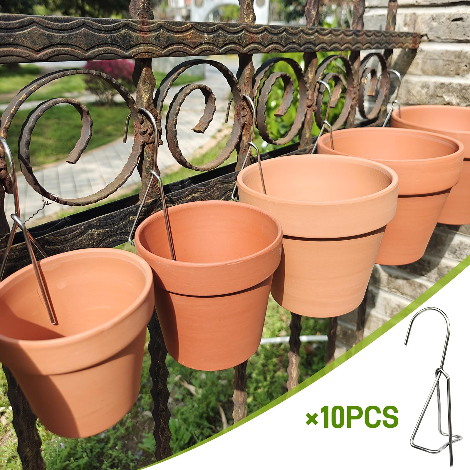 Close-up of KOROI stainless steel pot hanger clip for terracotta pots