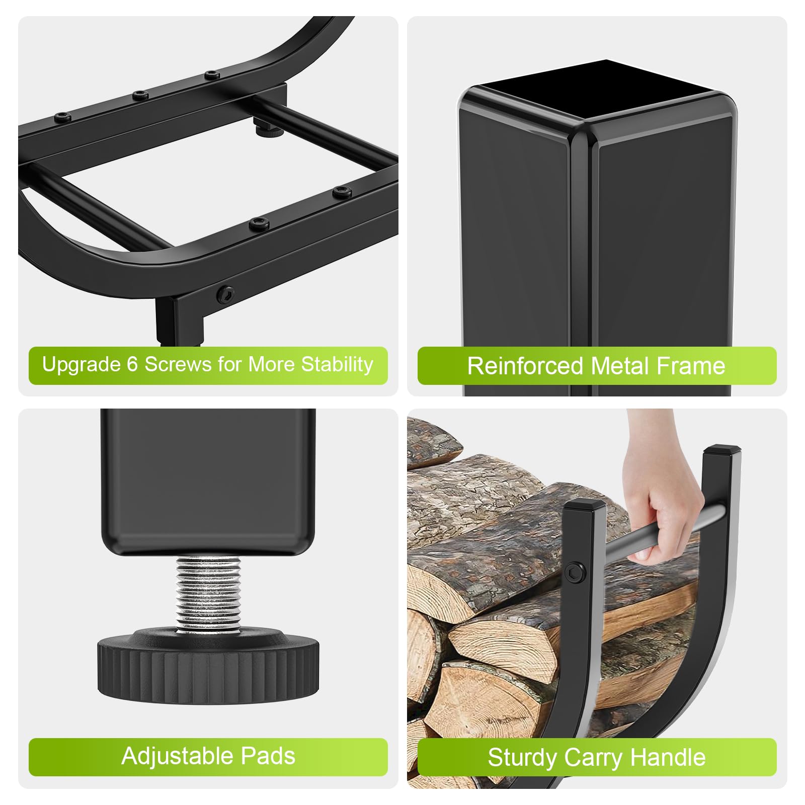 Close-up of KRZKRZ Firewood Rack arched design for easy movement