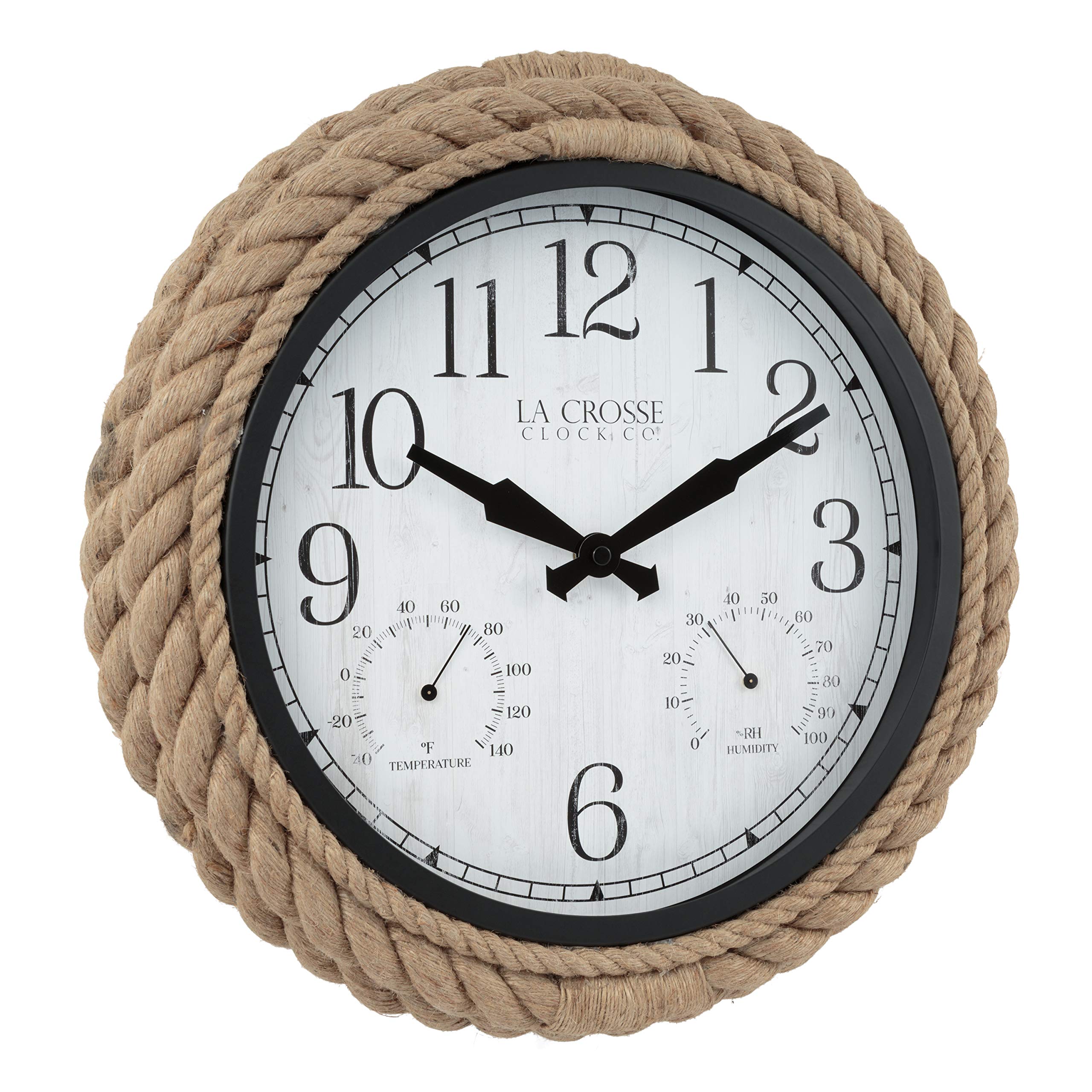 Close-up of La Crosse 14-inch Rowan wall clock's temperature and humidity display