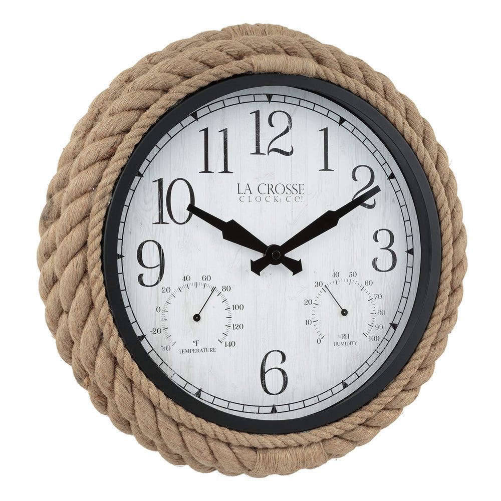 Close-up of La Crosse 14-inch Rowan wall clock's temperature and humidity display