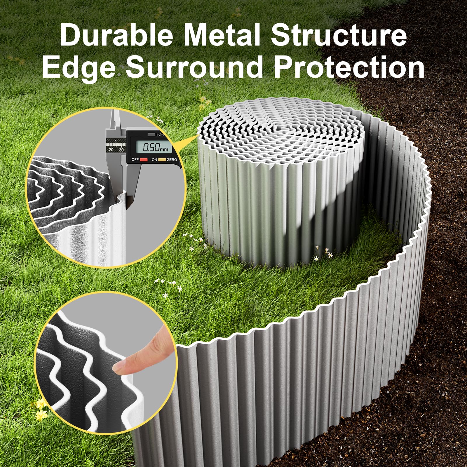 Close-up of Land Guard Corrugated Garden Edging metal texture