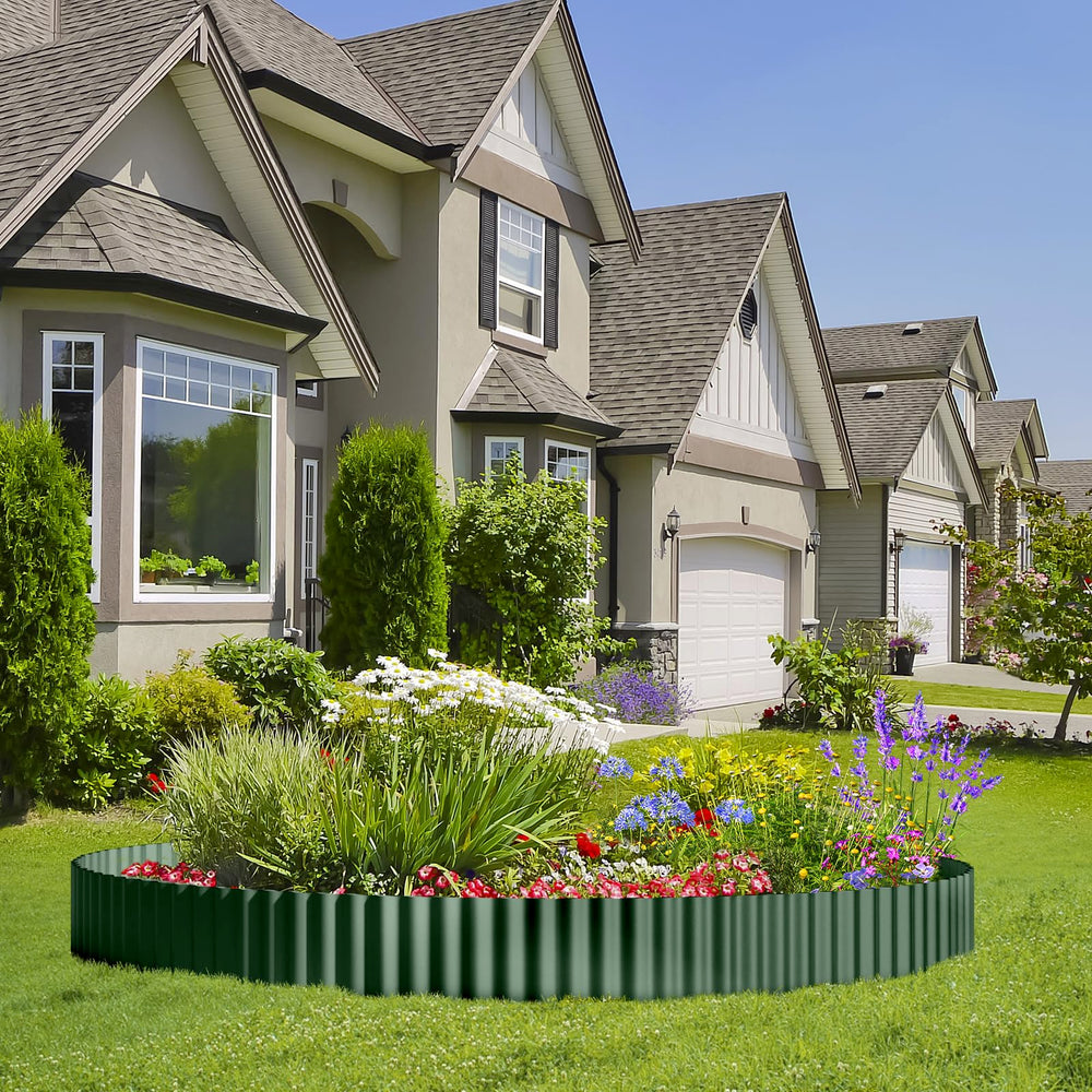 Close-up of Land Guard Corrugated Metal Garden Edging in olive-green