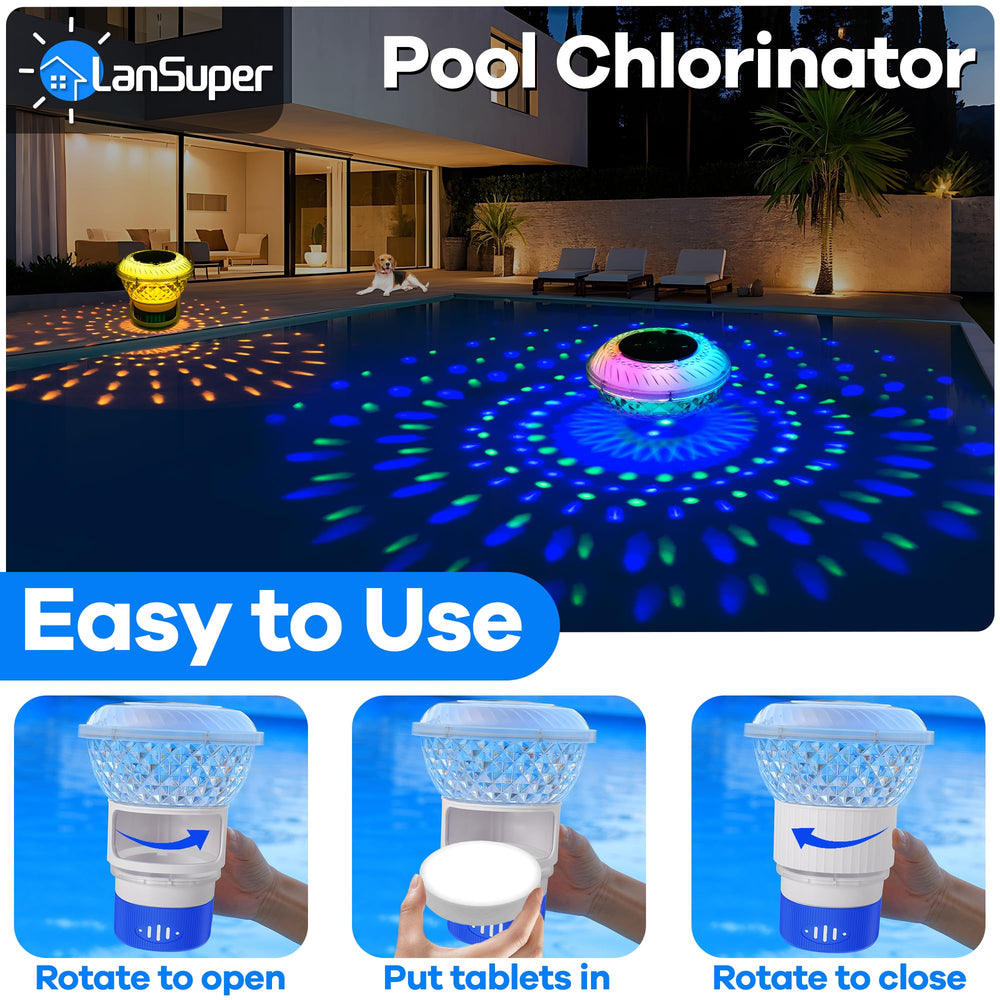 Close-up of LanSuper Pool Chlorine Floater lens casting light
