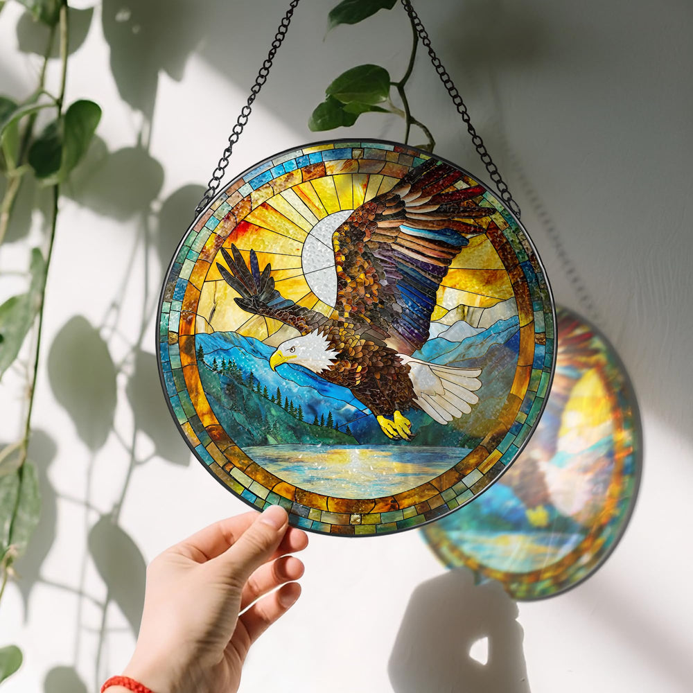 Close-up of LAOWEIKI Bald Eagle suncatcher detailing stained glass design