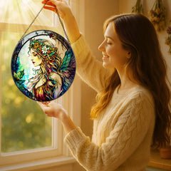 Close-up of LAOWEIKI stained glass suncatcher hanging