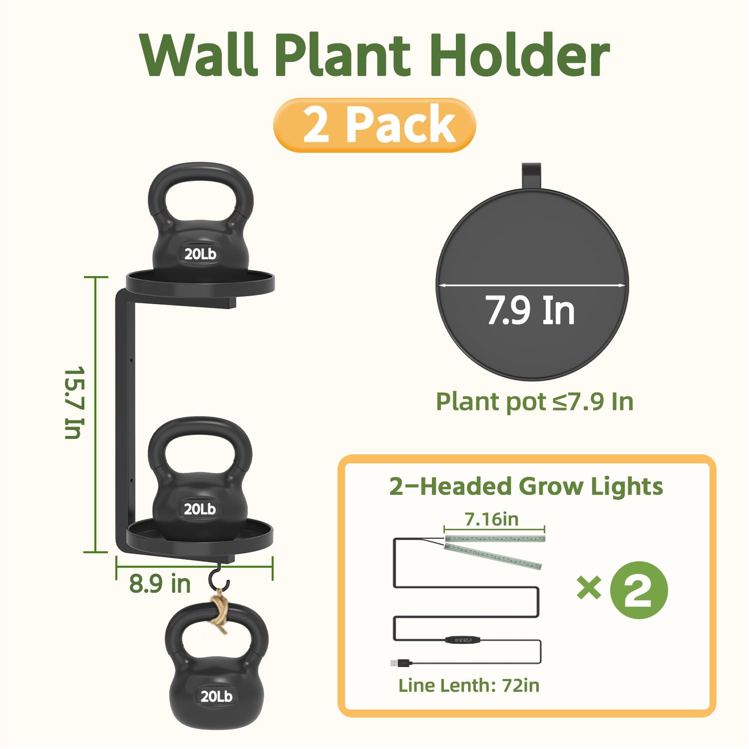 Close-up of LASZOLA plant hanger with 8-inch trays and lights