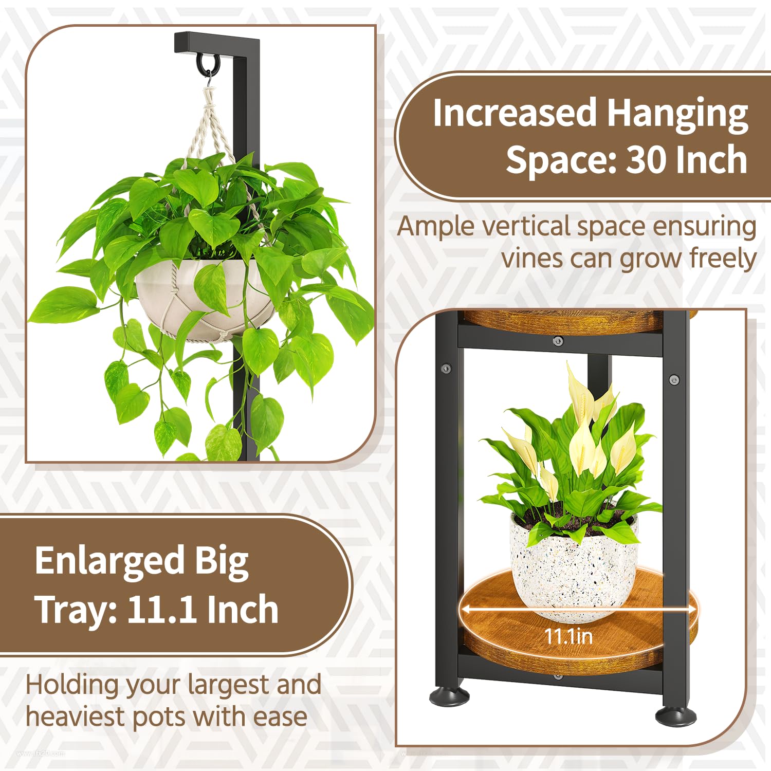 Close-up of LASZOLA plant stand's top hook and trays