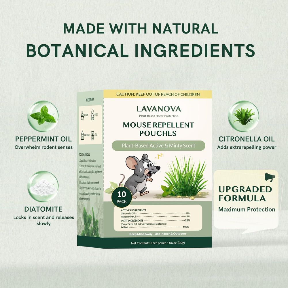 Close-up of LAVANOVA Mouse Repellent Pouch showing peppermint oil ingredients