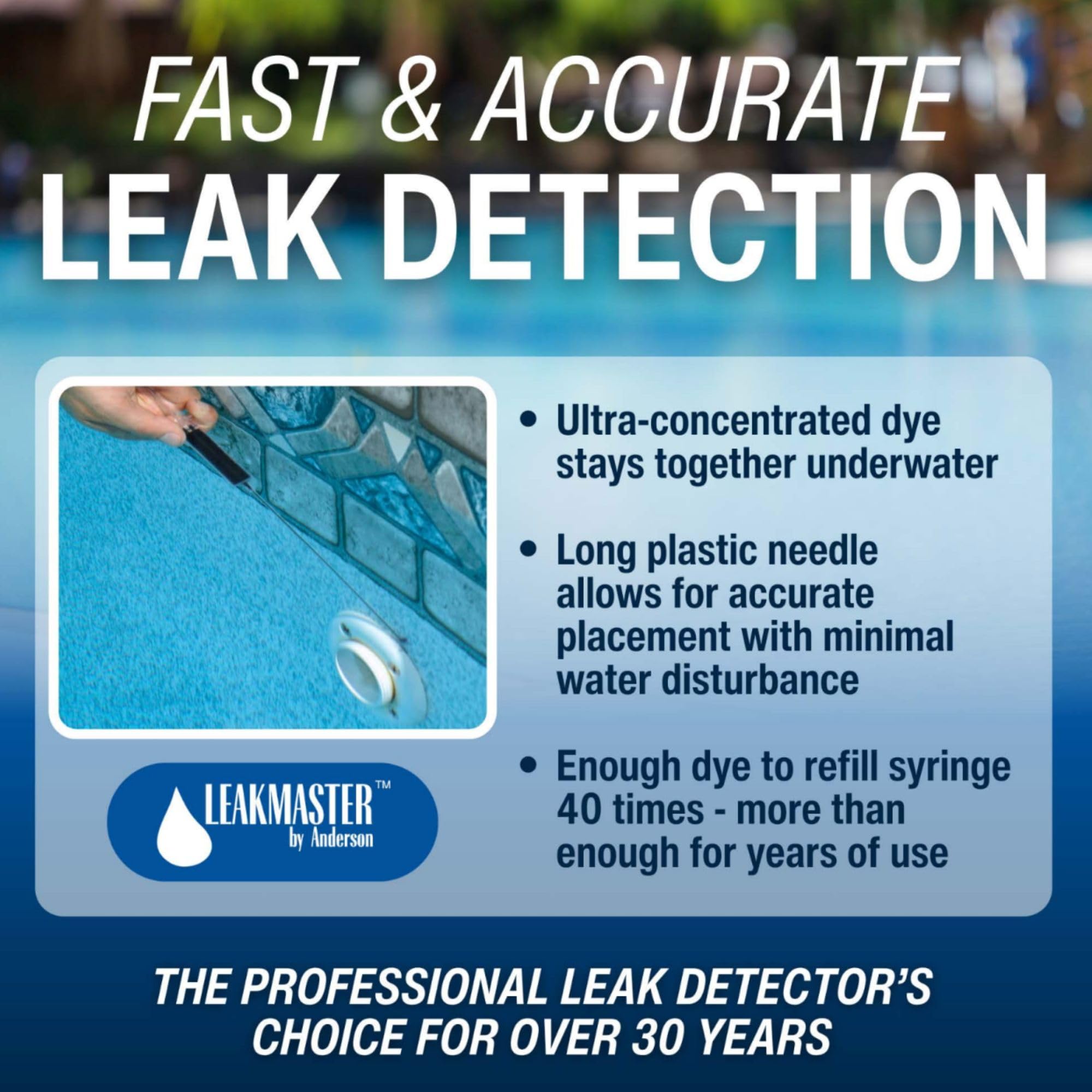 Close-up of Leakmaster blue dye bottle with syringe