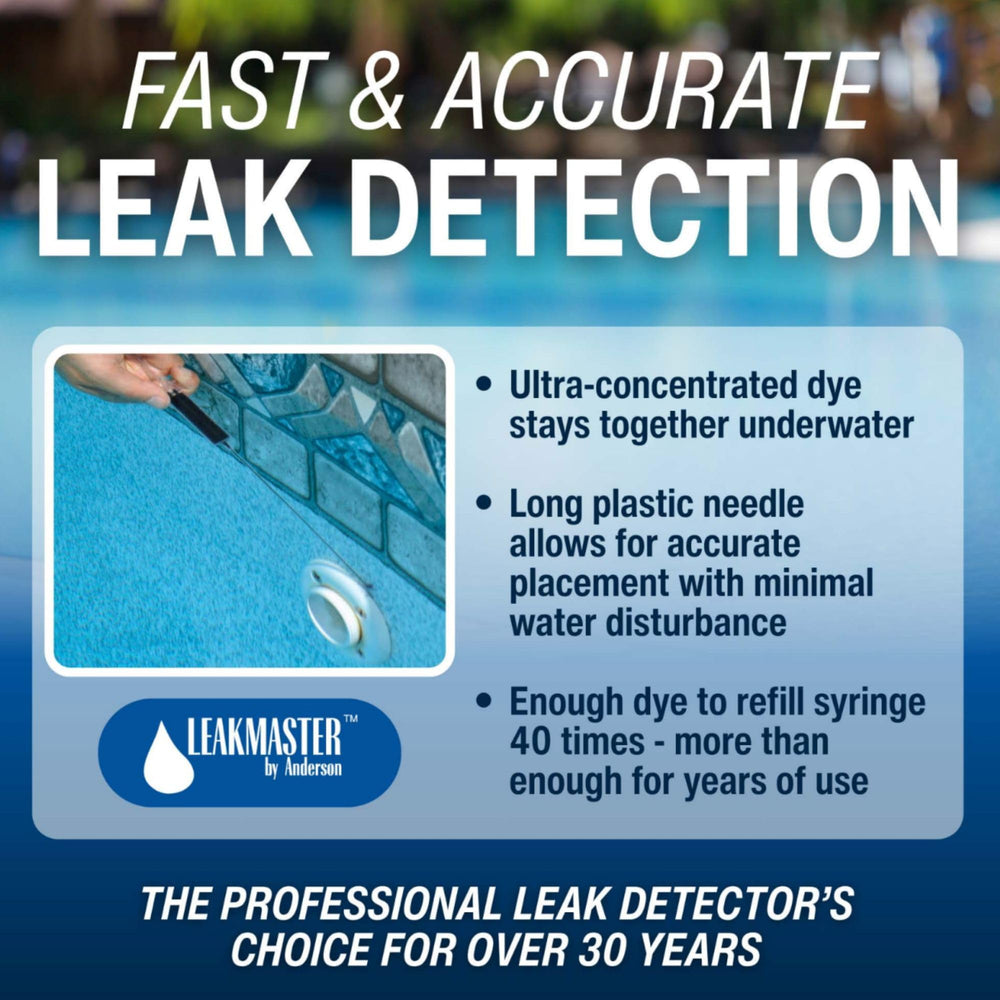 Close-up of Leakmaster blue dye bottle with syringe