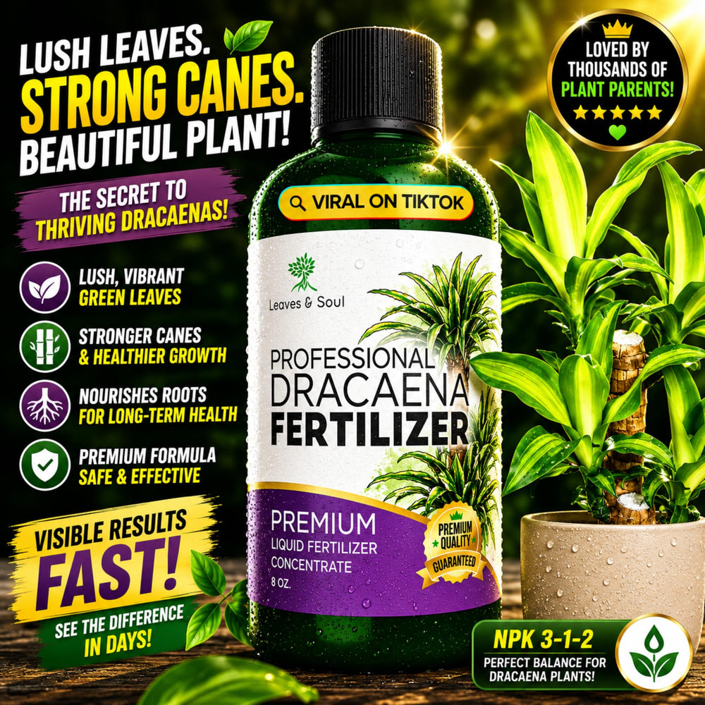 Close-up of Leaves and Soul Dracaena Plant Fertilizer Liquid bottle