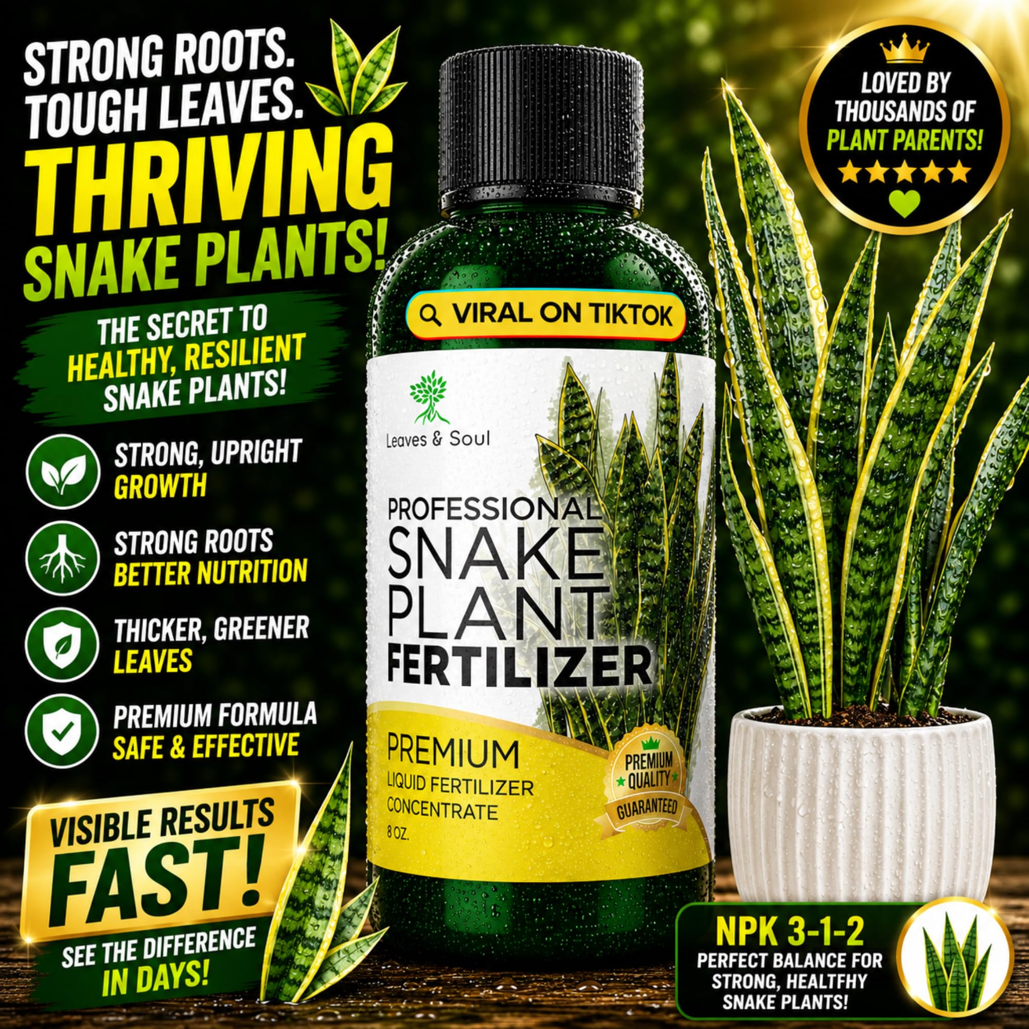 Close-up of Leaves and Soul liquid fertilizer bottle with 3-1-2 formula