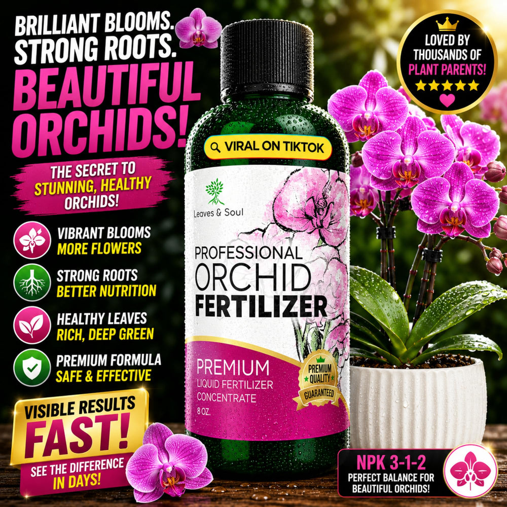 Close-up of Leaves and Soul Liquid Orchid Fertilizer label
