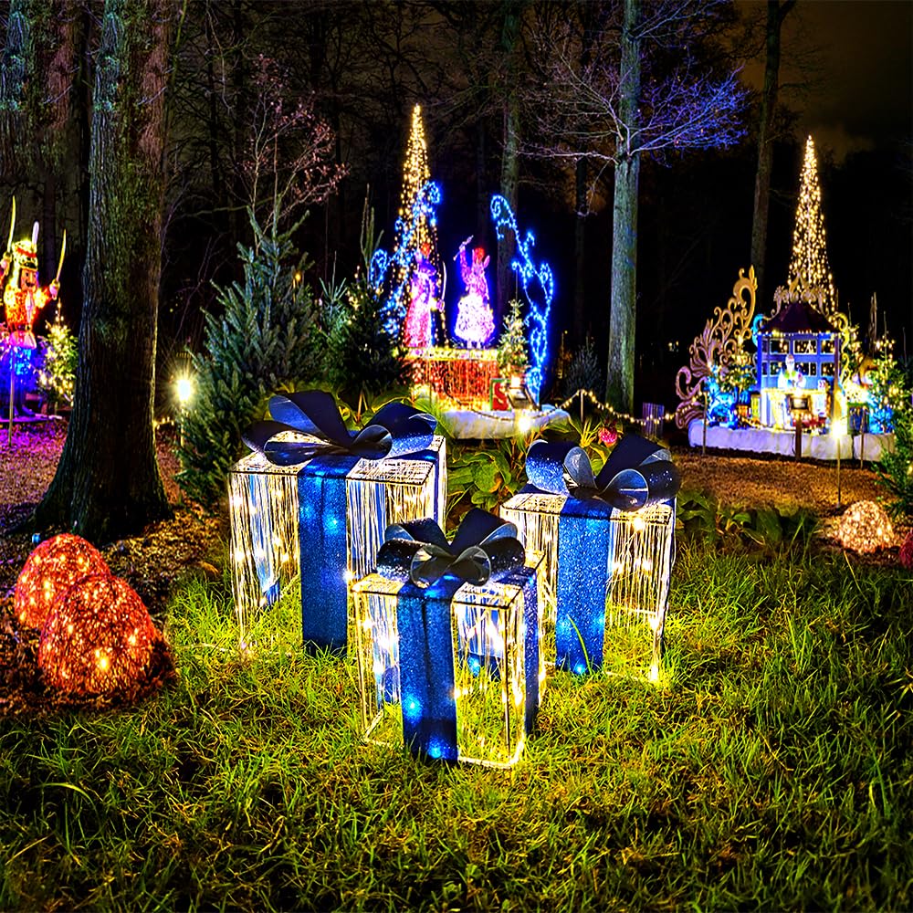 Close-up of LED lights on the gift boxes