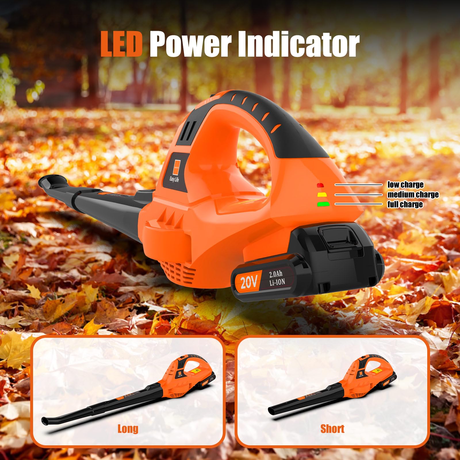 Close-up of Leisch Life leaf blower's battery indicator light