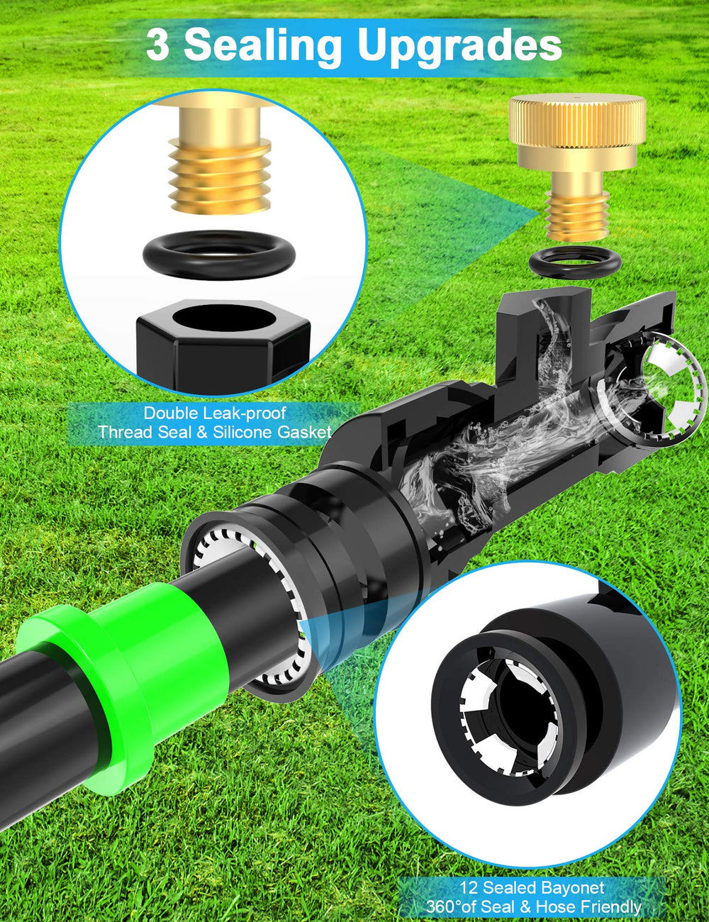 Close-up of Lekit brass misting nozzles in outdoor garden