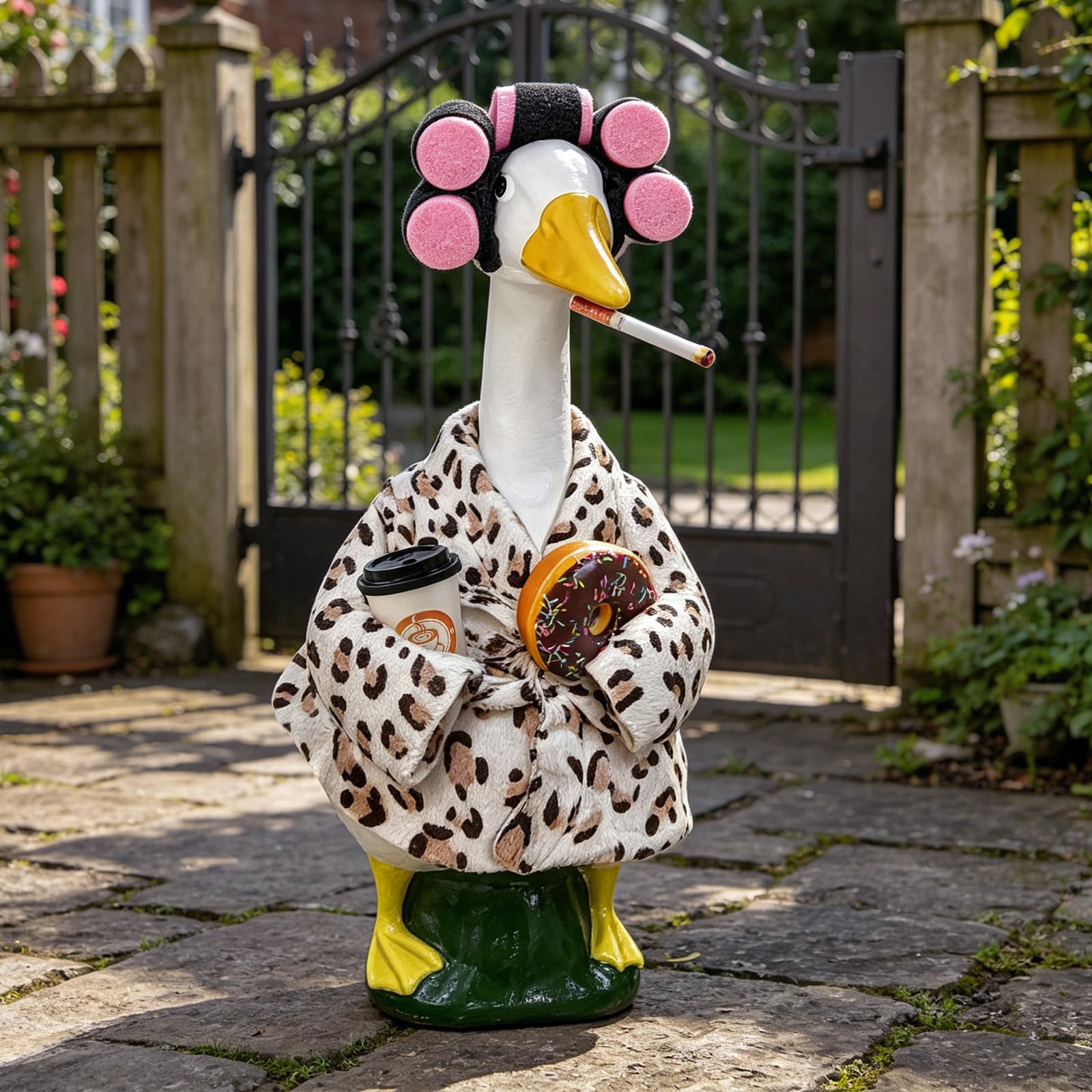 Close-up of leopard print goose outfit with coffee cup and donuts