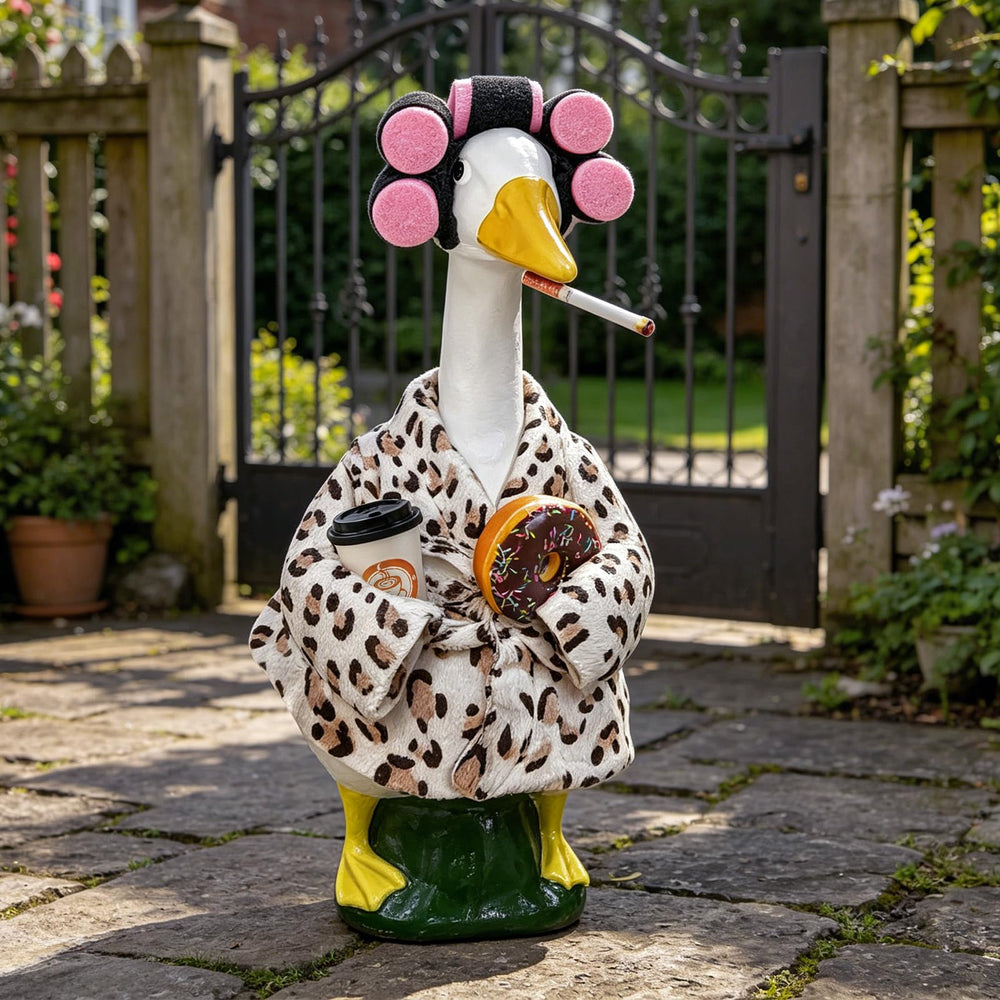 Close-up of leopard print goose outfit with coffee cup and donuts