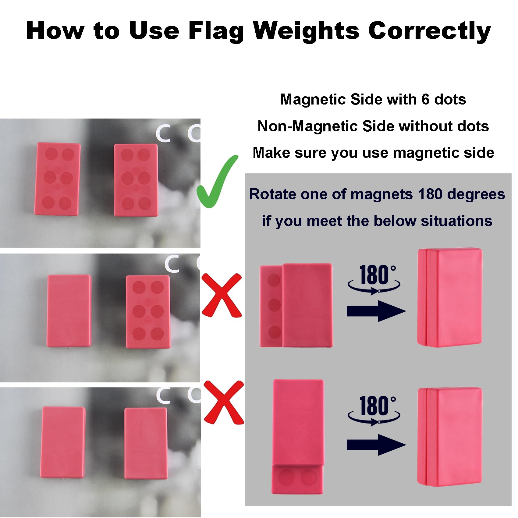 Close-up of LEVOSHUA magnetic flag weights showing strong magnets