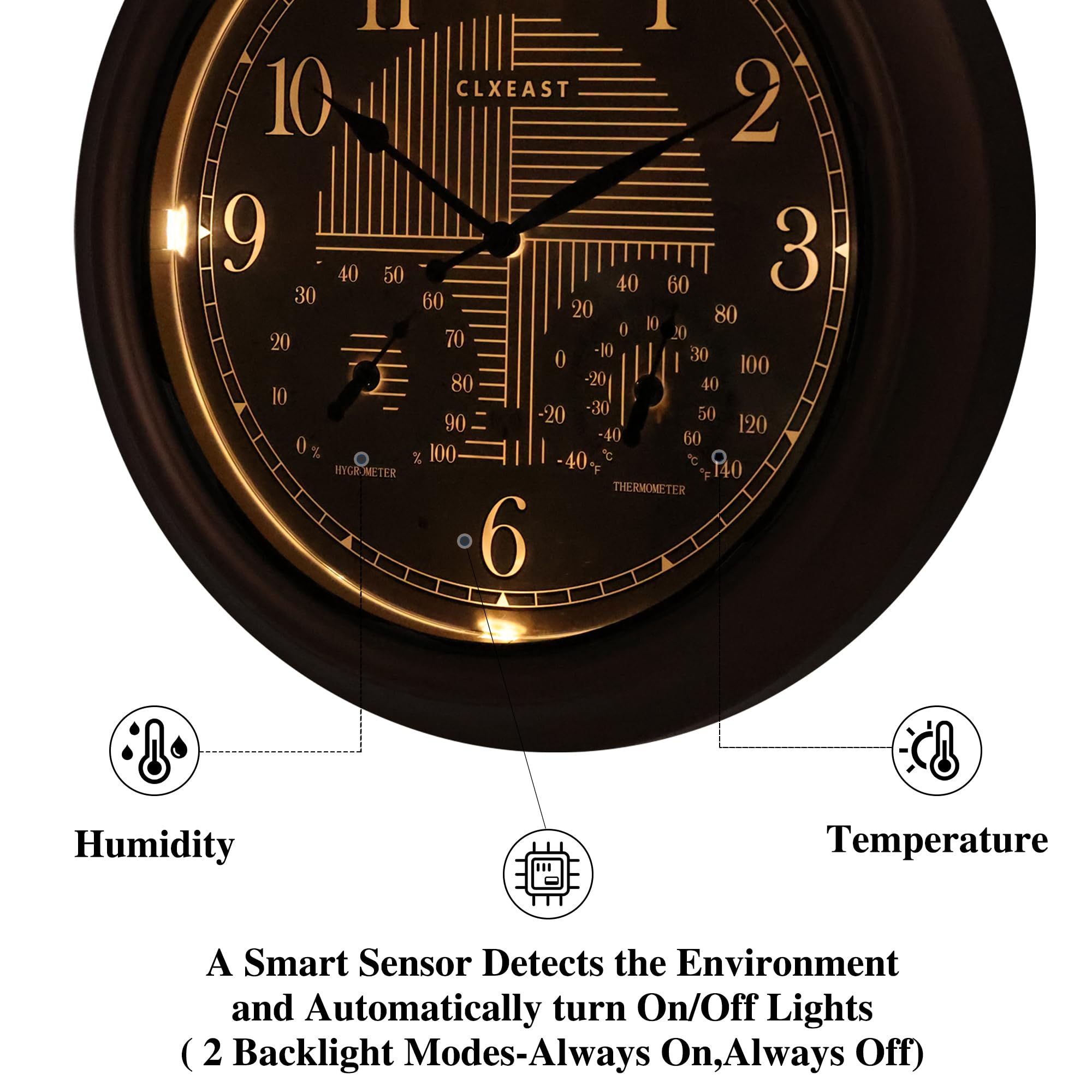 Close-up of light sensor on CLXEAST outdoor clock