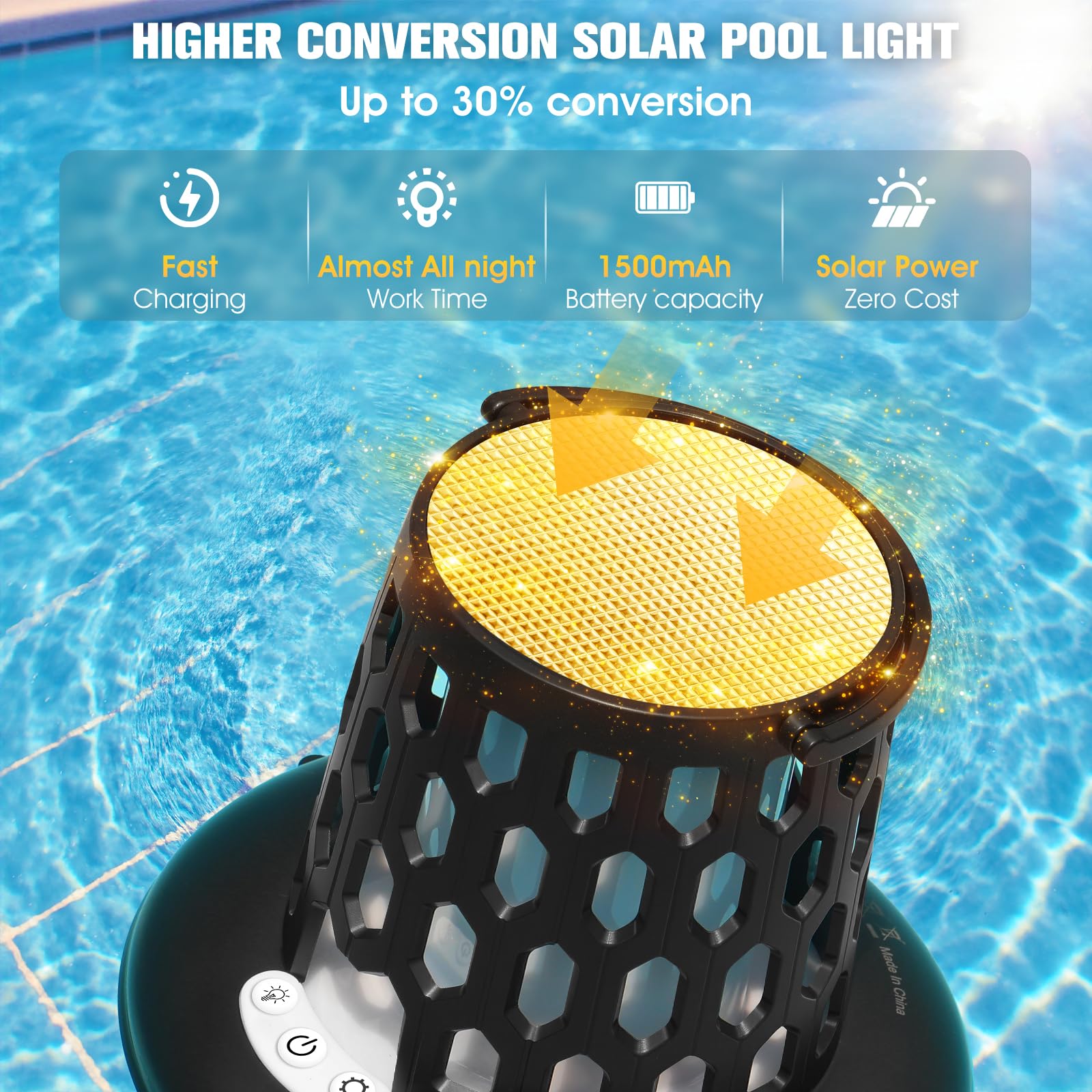 Close-up of LightHacker solar powered pool light showing flickering flame effect